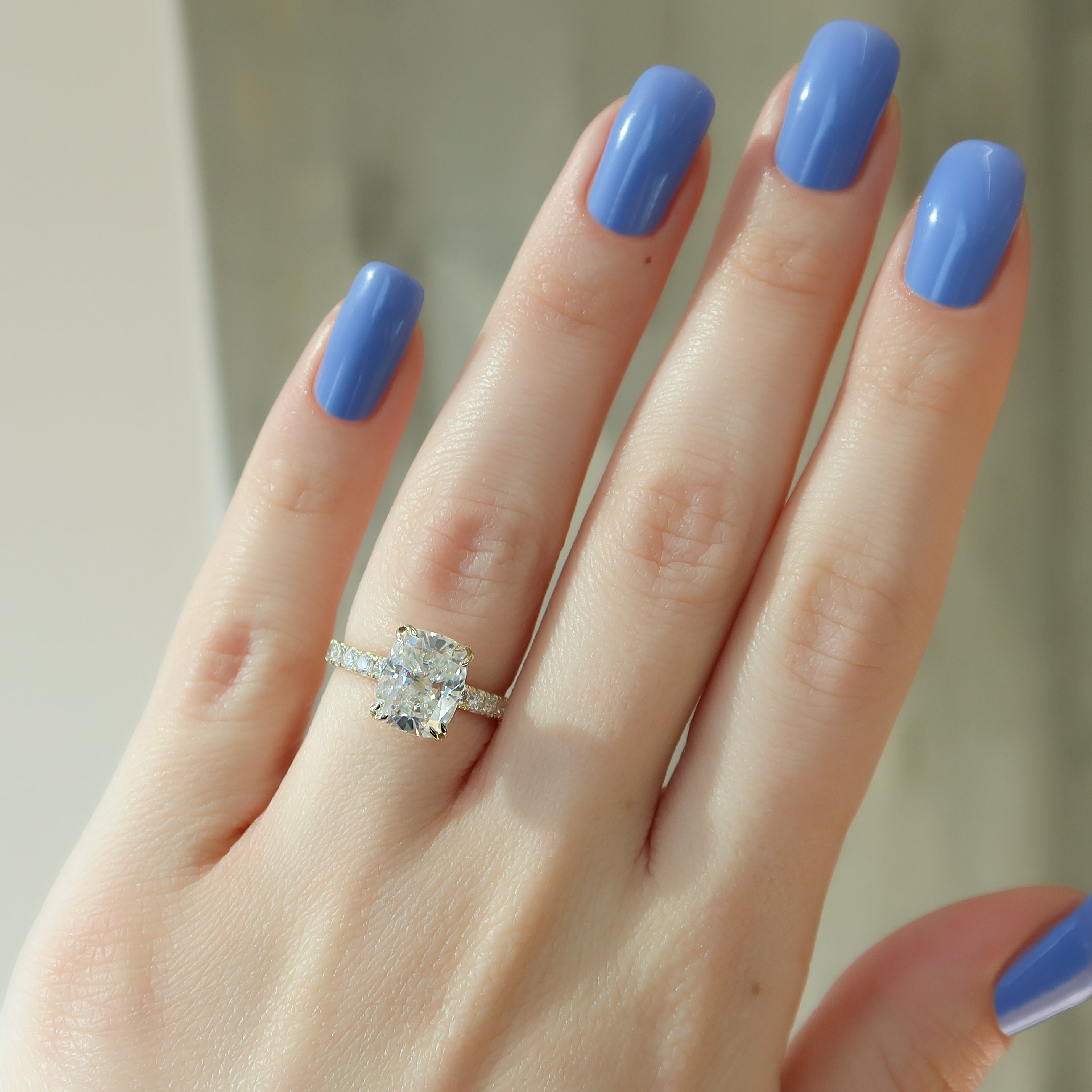 Elongated cushion cut CVD diamond engagement ring with hidden halo and pave setting in rose gold