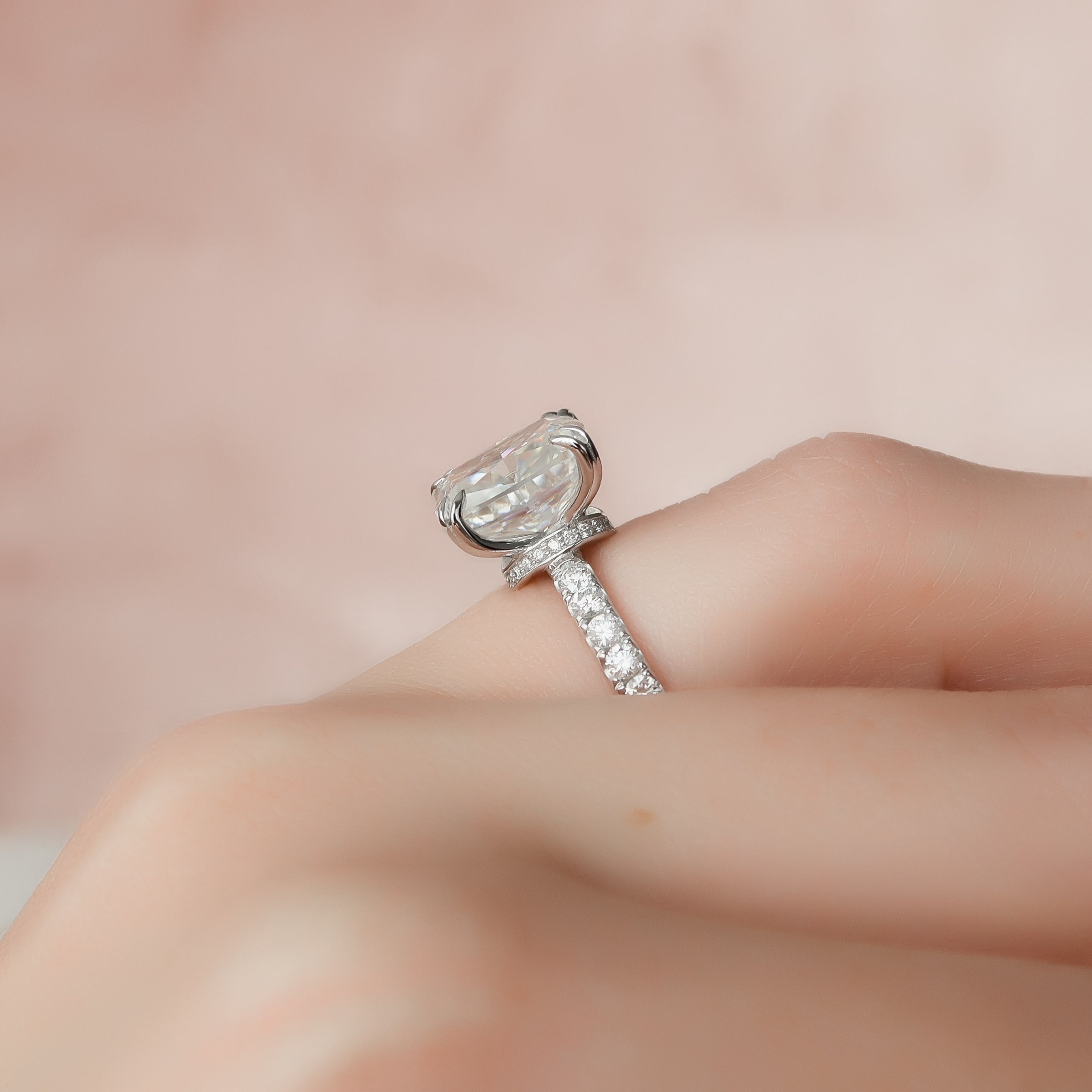 Elongated cushion cut CVD diamond engagement ring with hidden halo and pave setting in rose gold