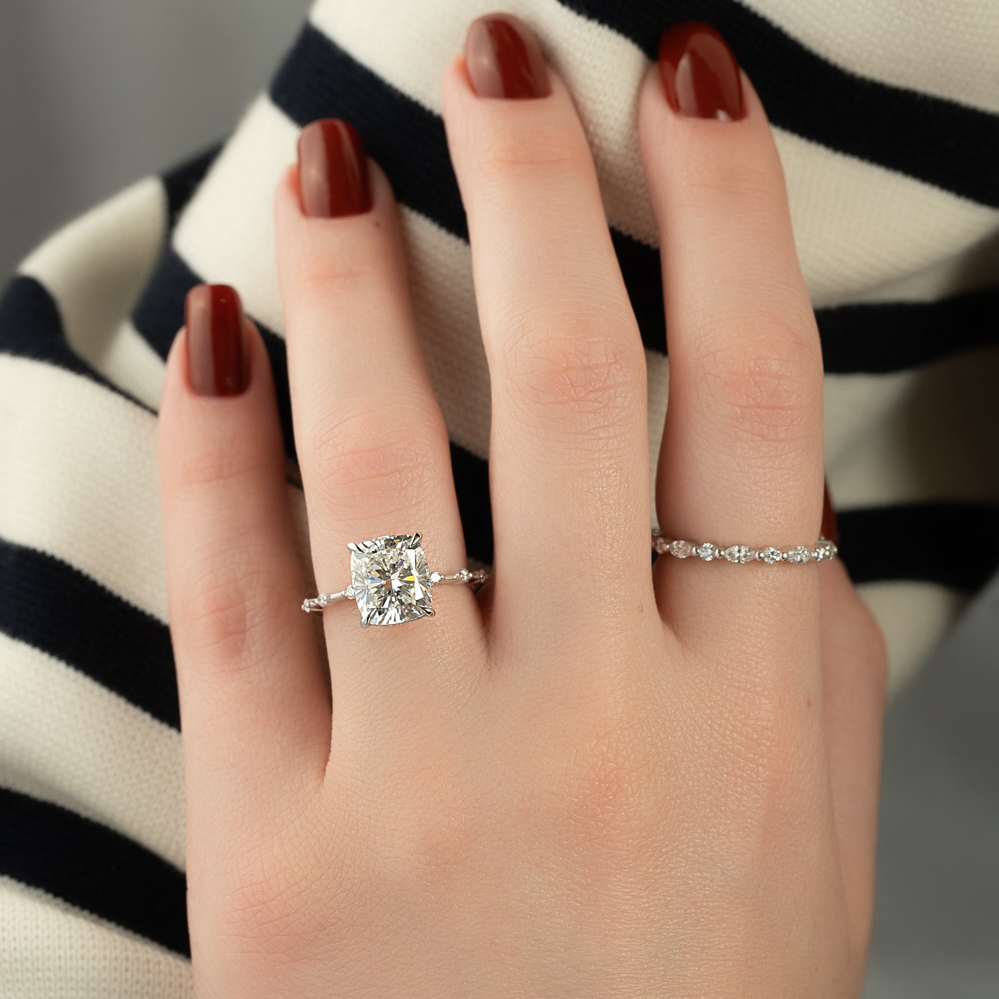 Elongated cushion cut CVD diamond dainty engagement ring with hidden halo setting