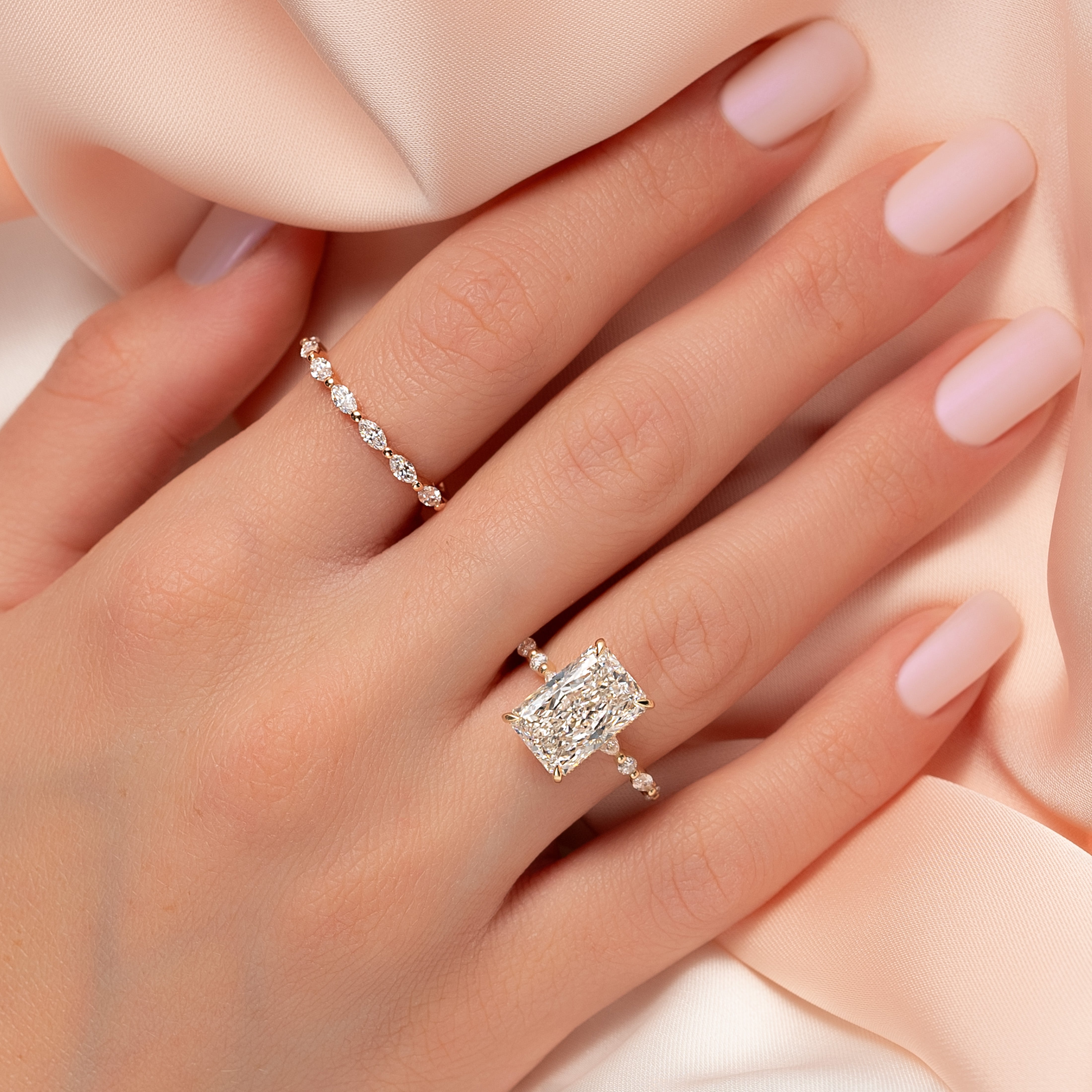 Radiant cut CVD diamond engagement ring with hidden halo and pave setting for a sparkling modern bridal style
