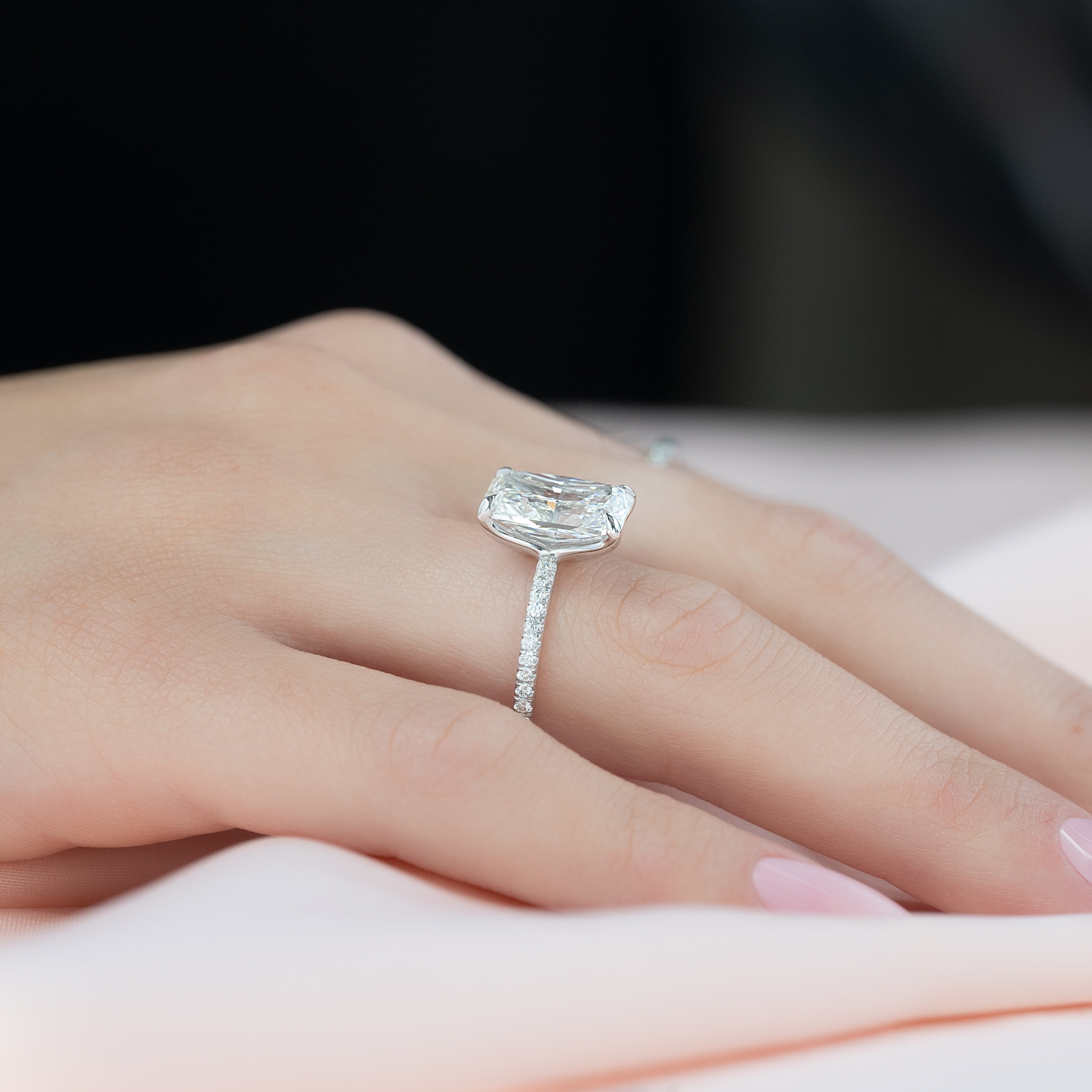 Radiant cut CVD diamond engagement ring with pave diamond band in platinum setting