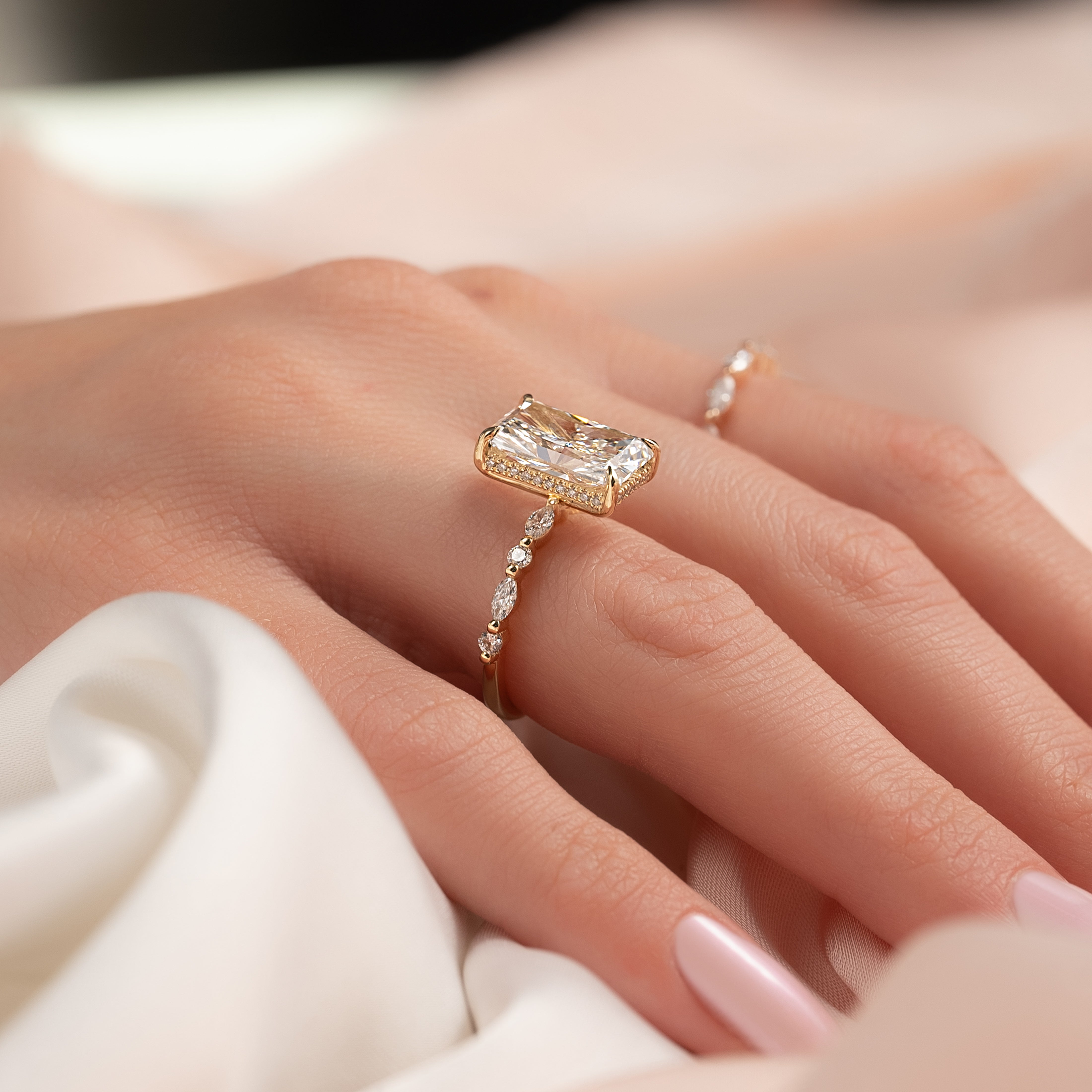 Radiant cut CVD diamond engagement ring with hidden halo and pave setting for a sparkling modern bridal style