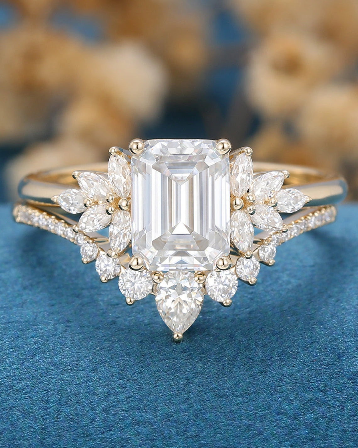 1.60 CT Emerald Shaped Moissanite Cluster Bridal Set - Camila Brown