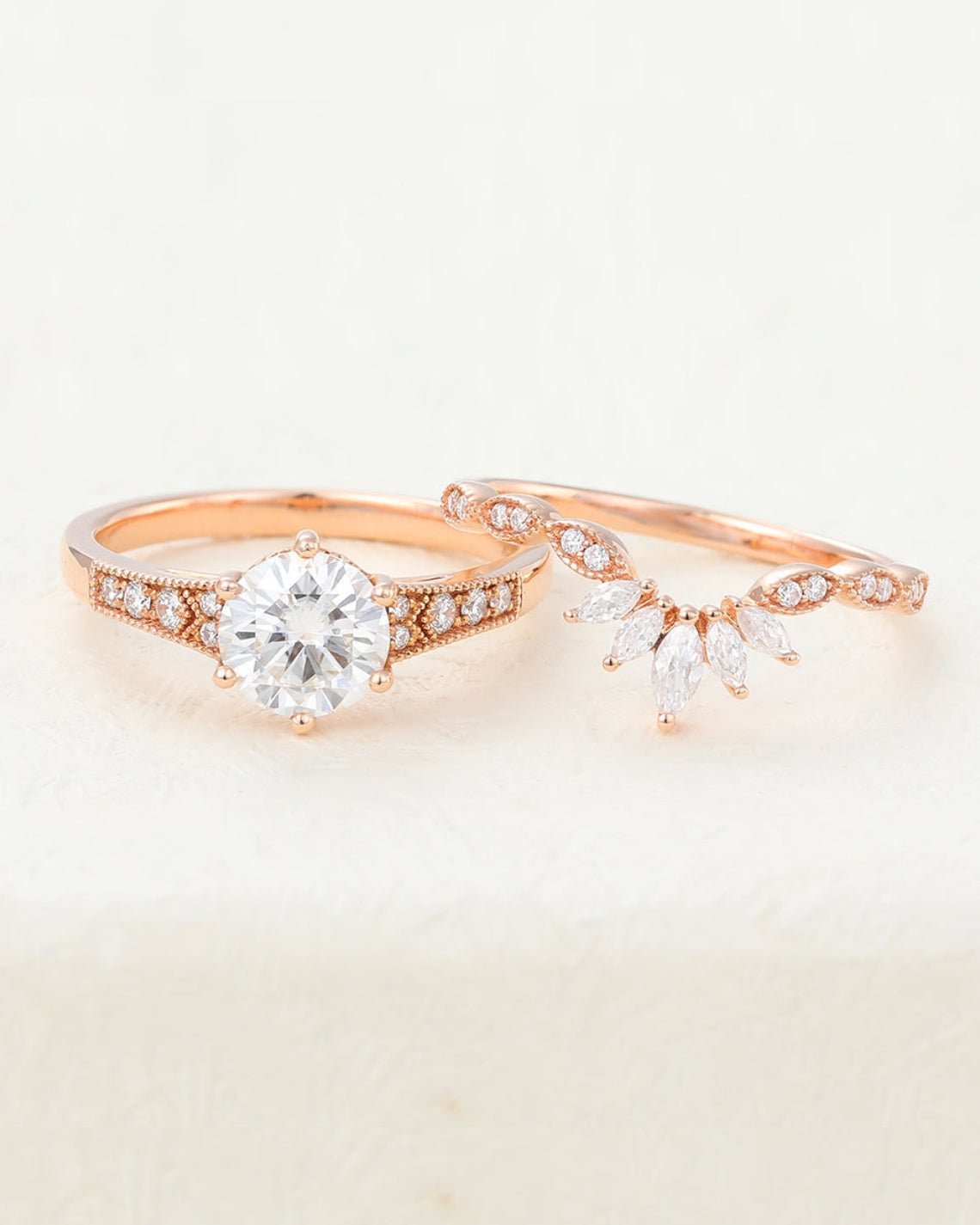 1.0 CT Round Moissanite Milgrain Bridal Ring Set - Camila Brown