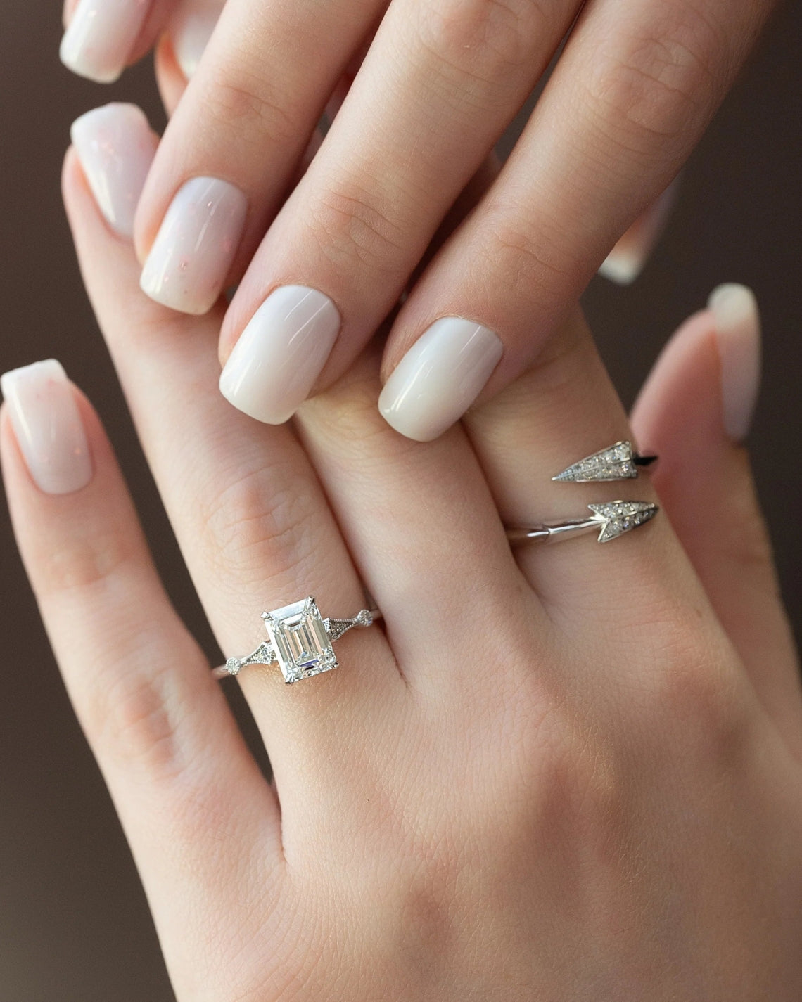 Emerald cut CVD diamond unique style engagement ring in white gold setting