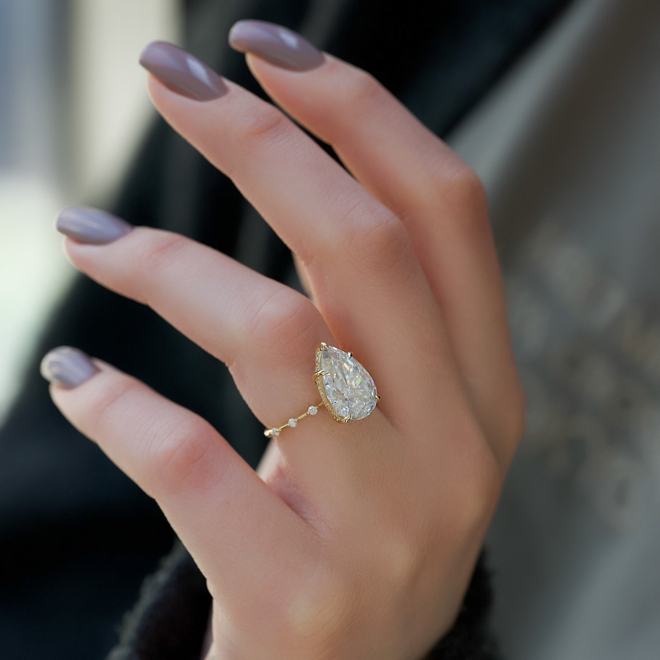 Pear cut CVD diamond engagement ring with hidden halo and dainty pave band in white gold