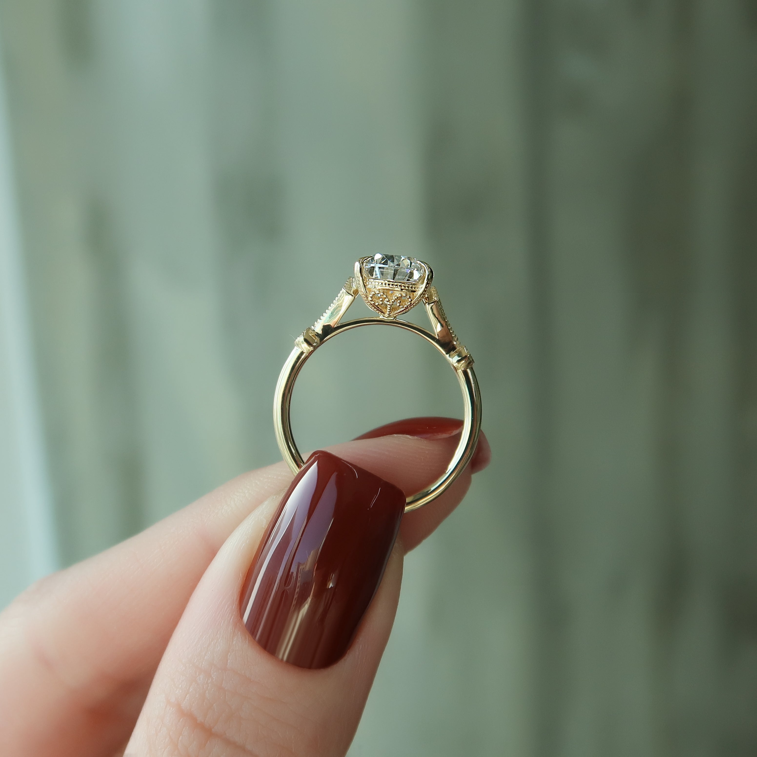 Pear cut CVD diamond vintage style engagement ring with intricate detailing
