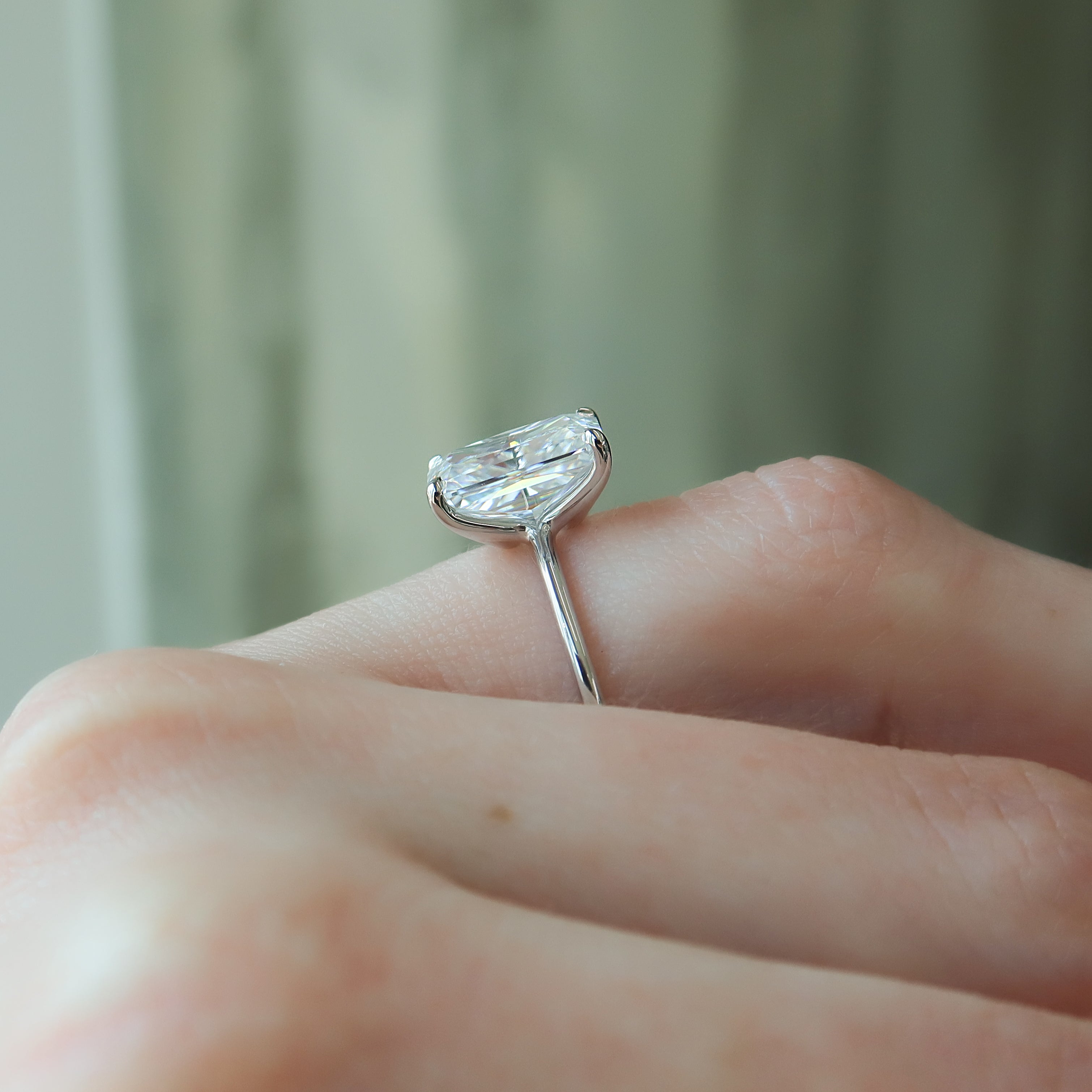 Radiant cut CVD diamond solitaire engagement ring in white gold setting