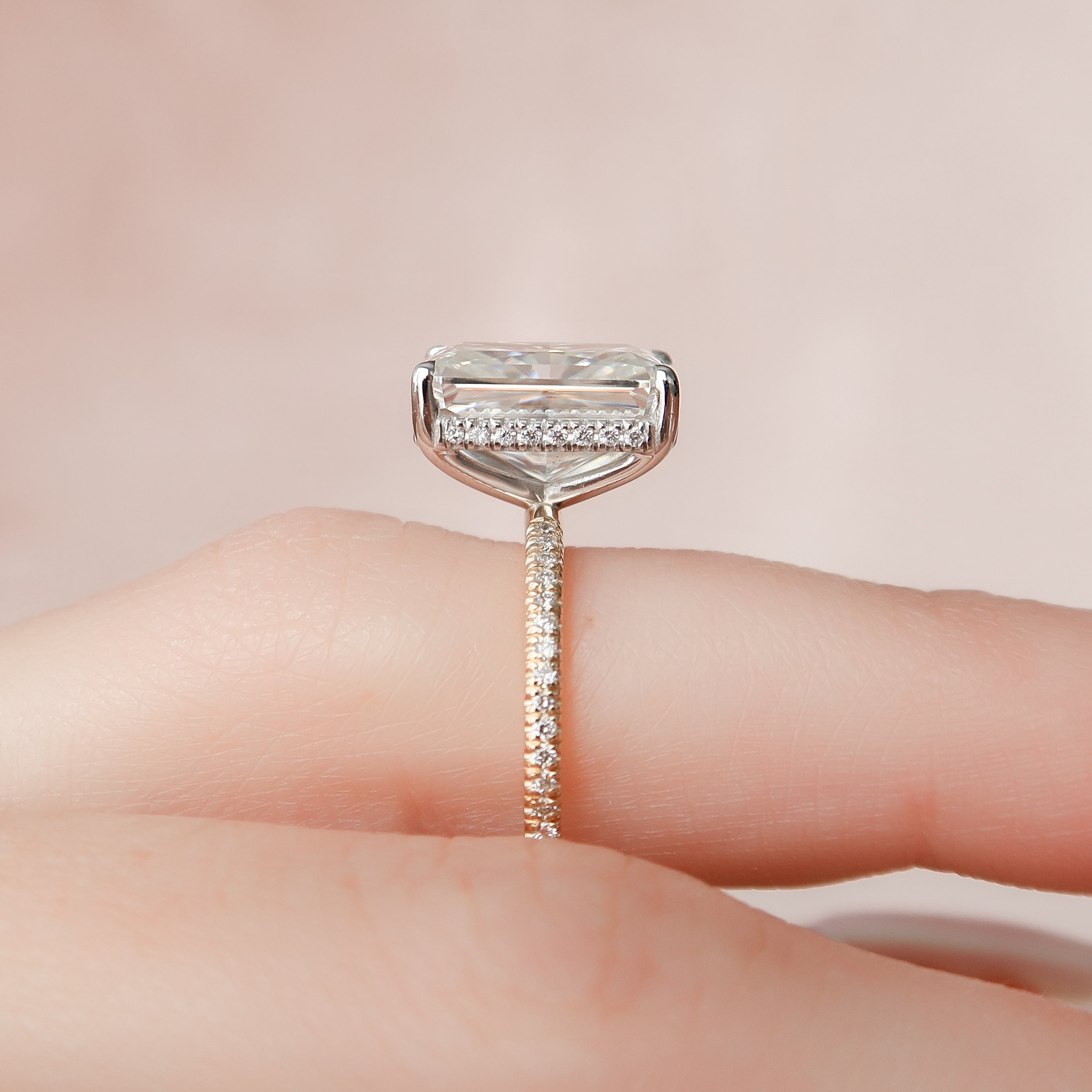 Radiant cut CVD diamond engagement ring with hidden halo and pave diamond band in white gold