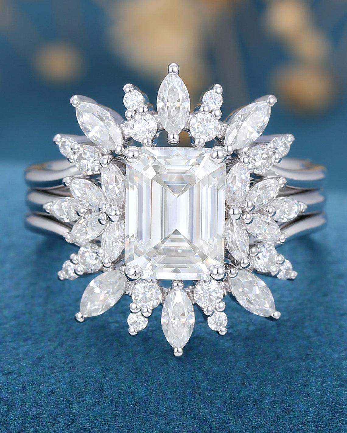 1.60 CT Emerald Shaped Moissanite Cluster Bridal Set - Camila Brown