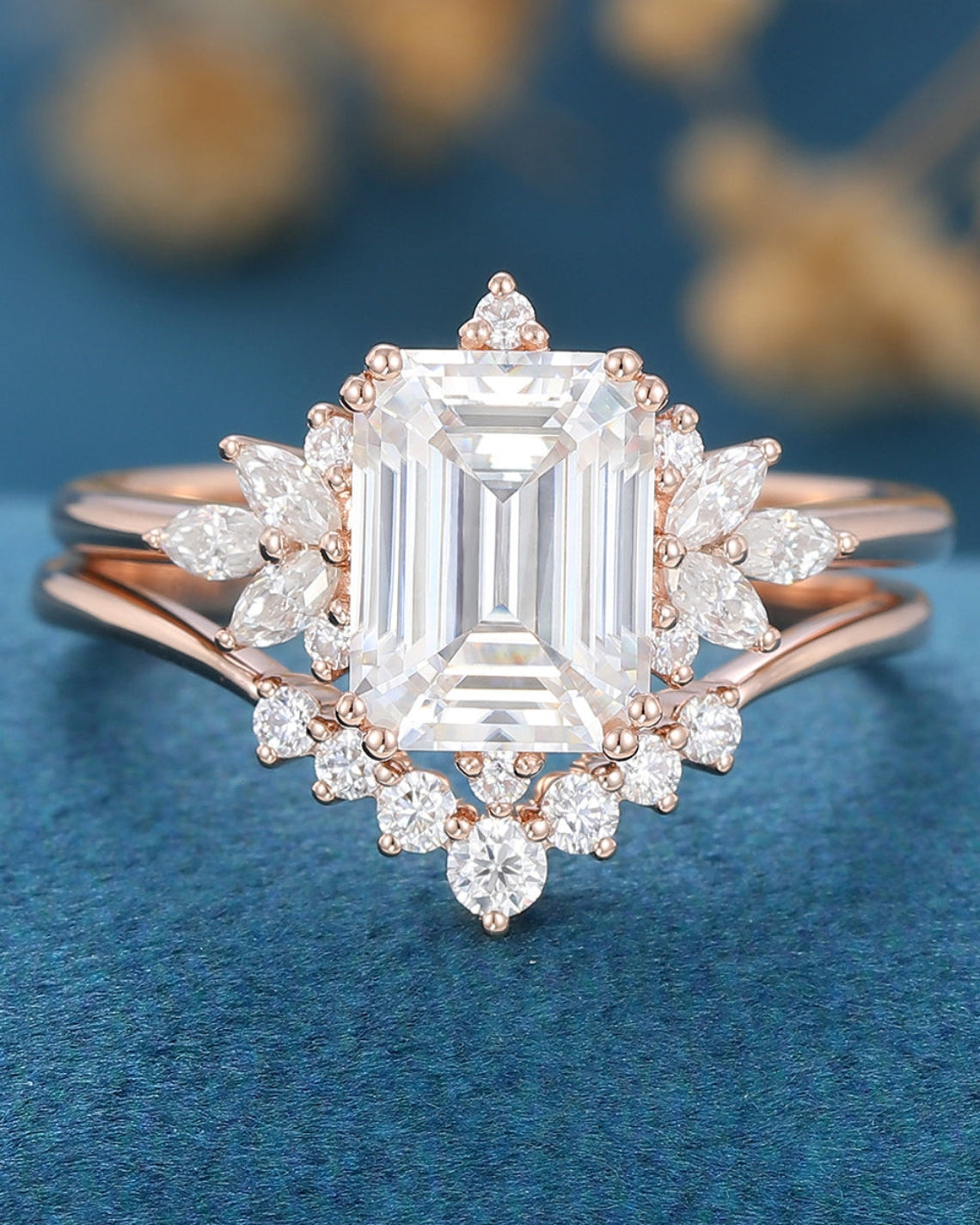 1.60 CT Emerald Shaped Moissanite Cluster Bridal Set - Camila Brown