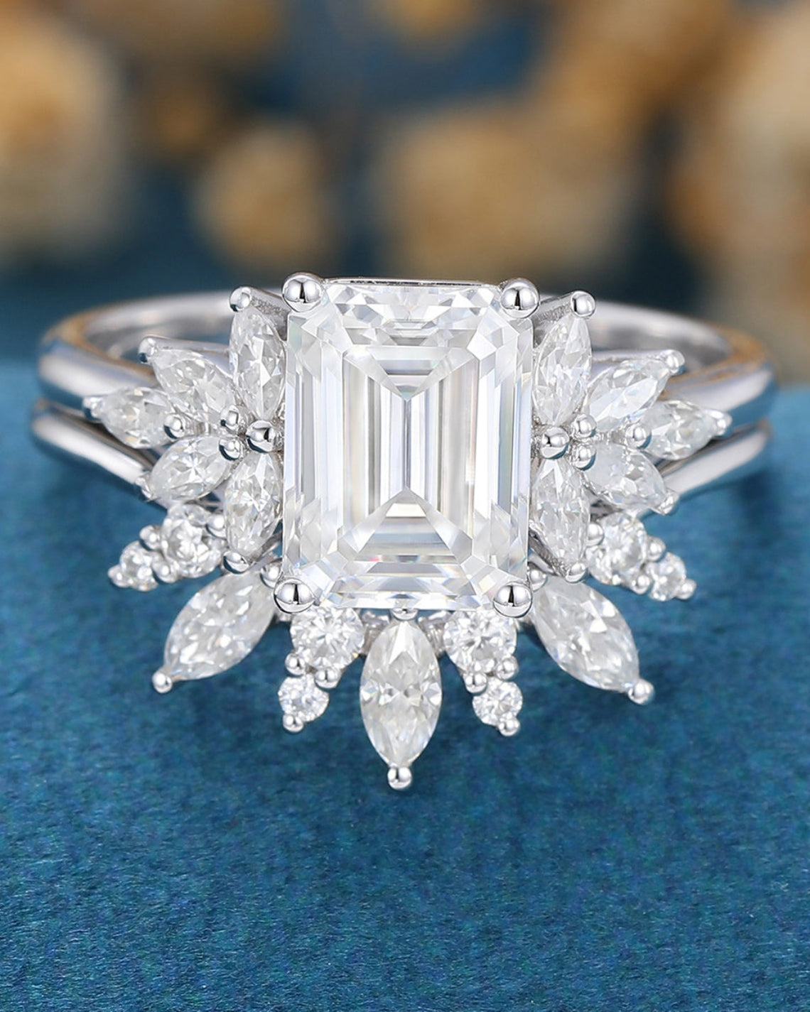 1.60 CT Emerald Shaped Moissanite Cluster Bridal Set - Camila Brown