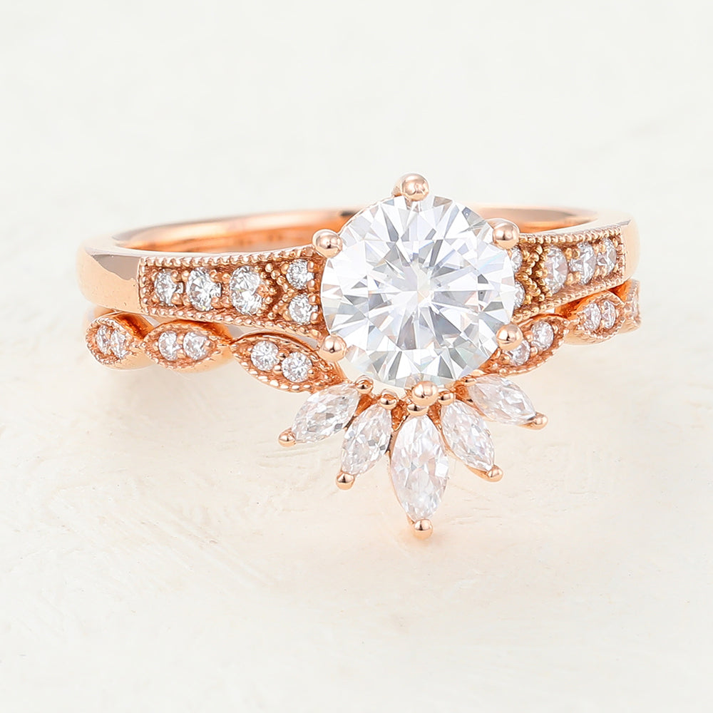 1.0 CT Round Moissanite Milgrain Bridal Ring Set - Camila Brown
