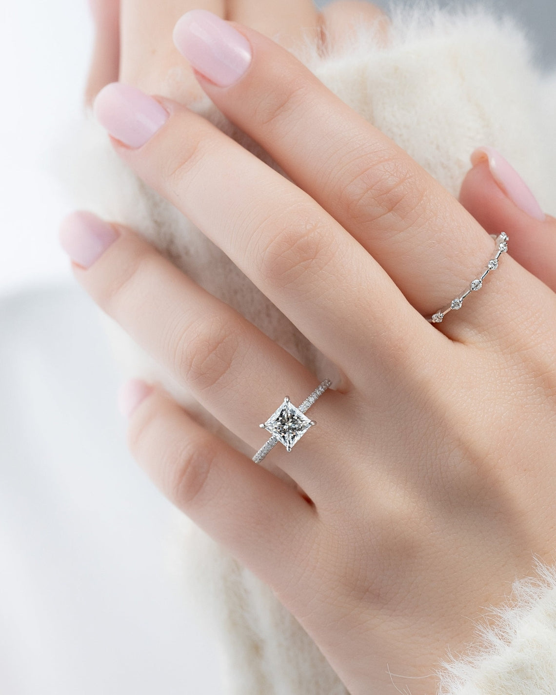 Princess cut CVD diamond engagement ring with hidden halo and pave diamond band in white gold