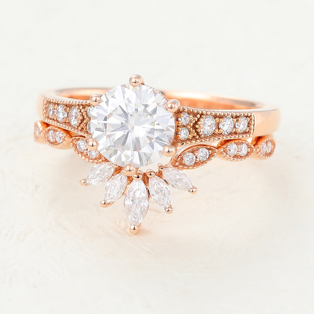 1.0 CT Round Moissanite Milgrain Bridal Ring Set - Camila Brown