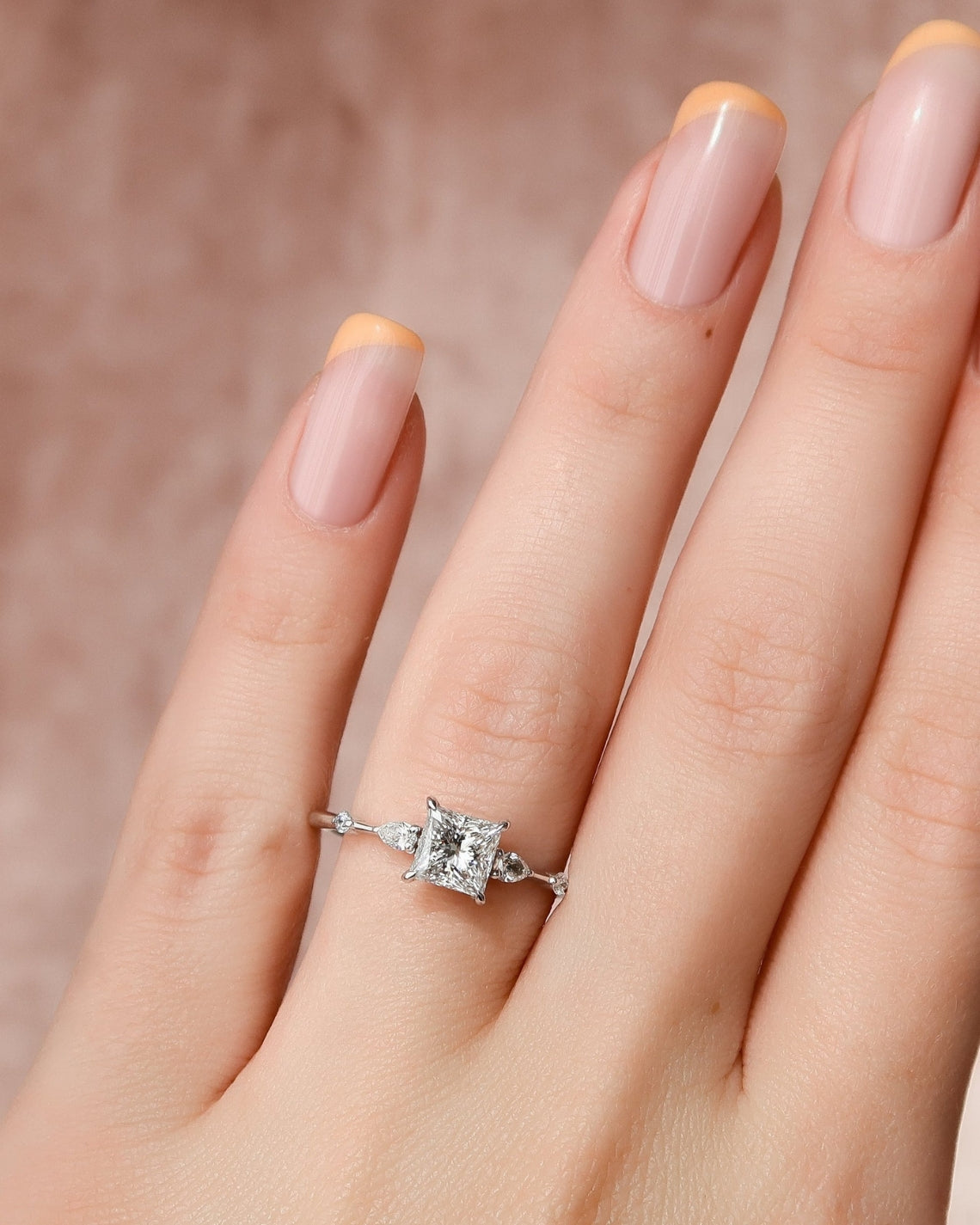 Princess cut CVD diamond engagement ring with hidden halo in dainty white gold setting