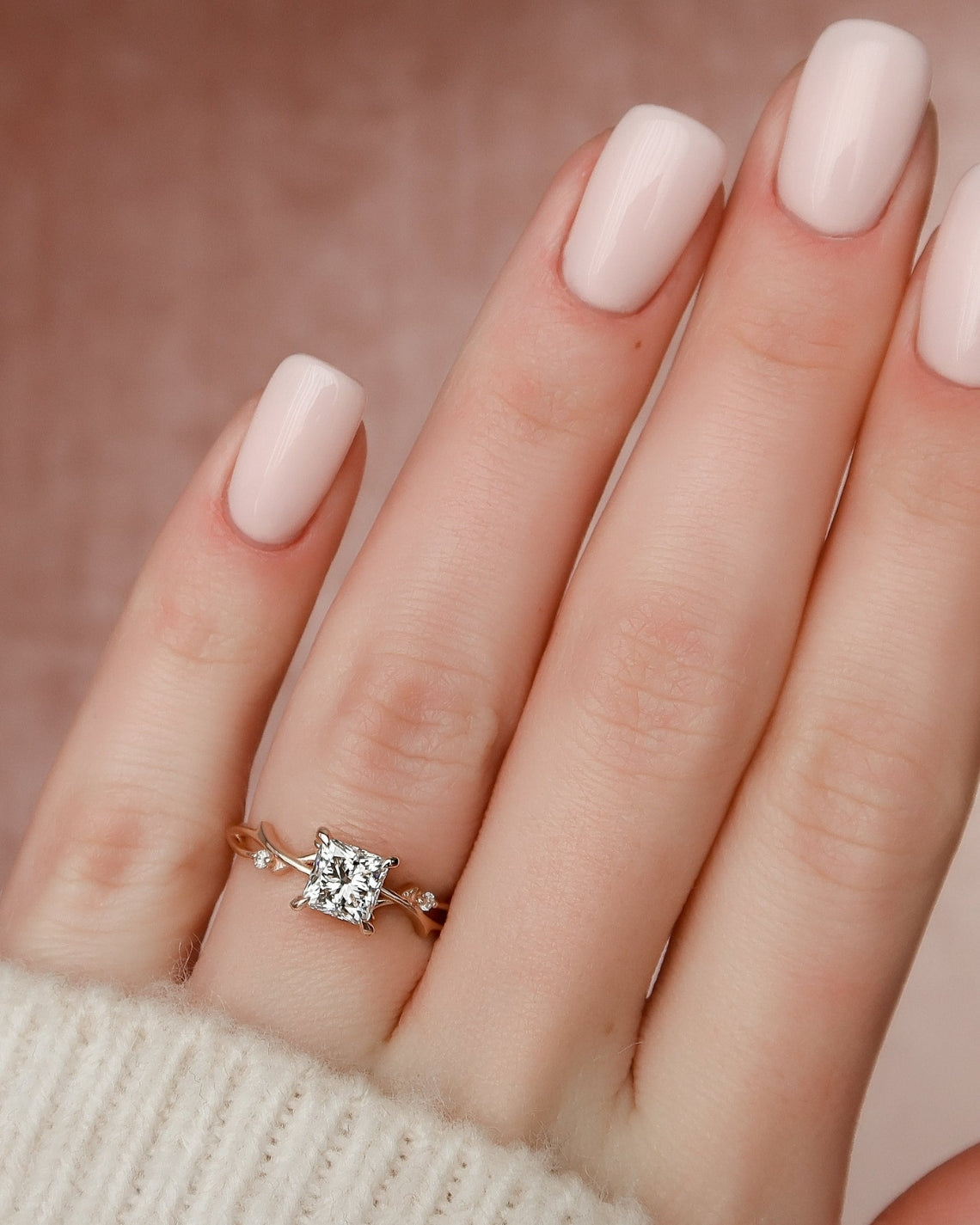 Princess cut CVD diamond engagement ring with twig style band design
