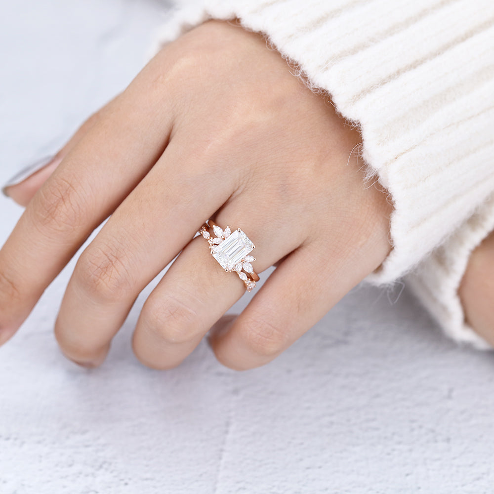1.89 CT Emerald Moissanite Cluster Bridal Ring Set - Camila Brown