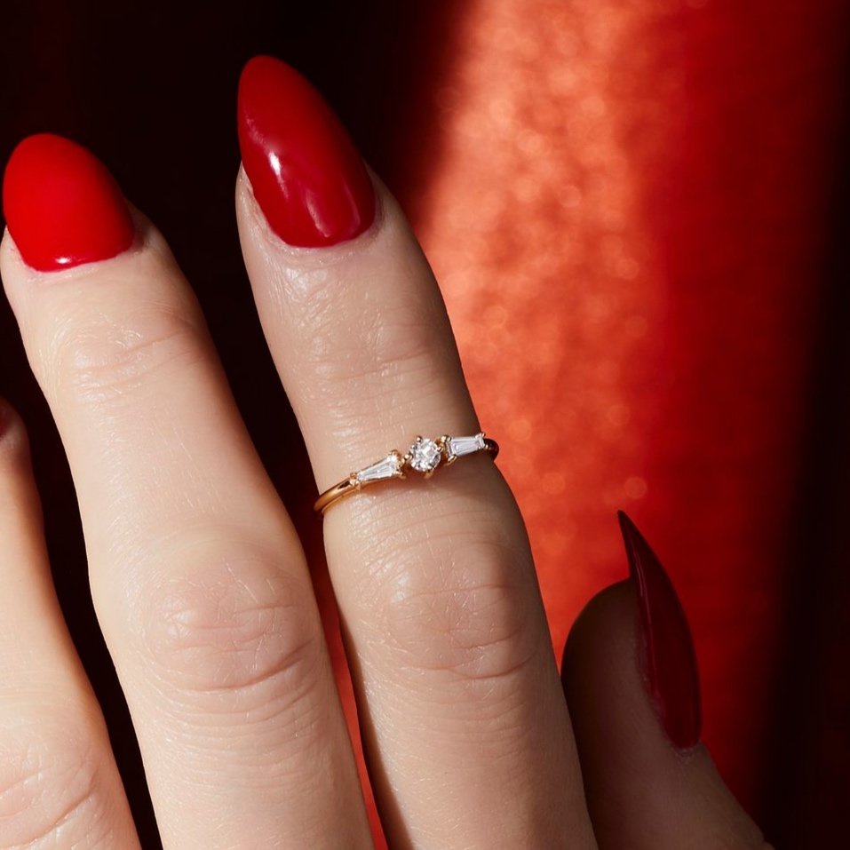 0.4 TCW Round&Tappered Baguette Cut Three Stone Engagement Ring
