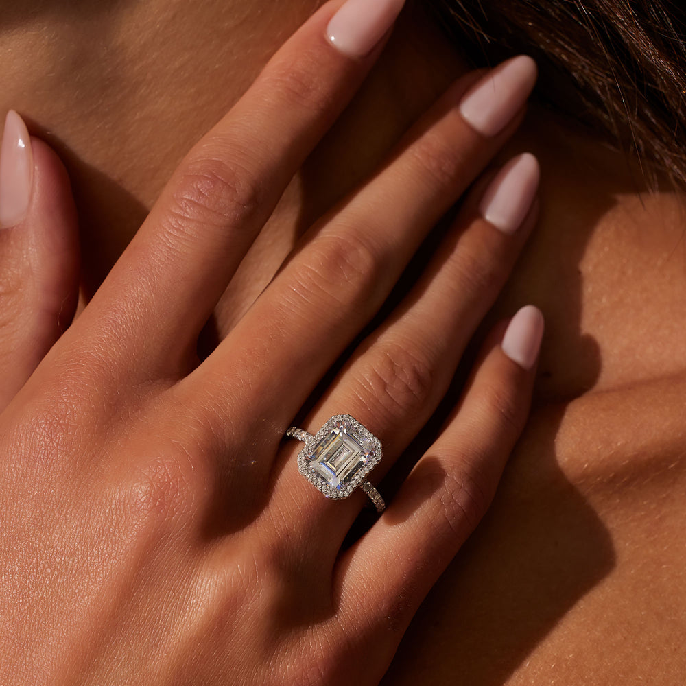 2.0 Carats Lab Grown Diamond Emerald Shape F-VS1 Halo & Pave Engagement Ring - Camila Brown