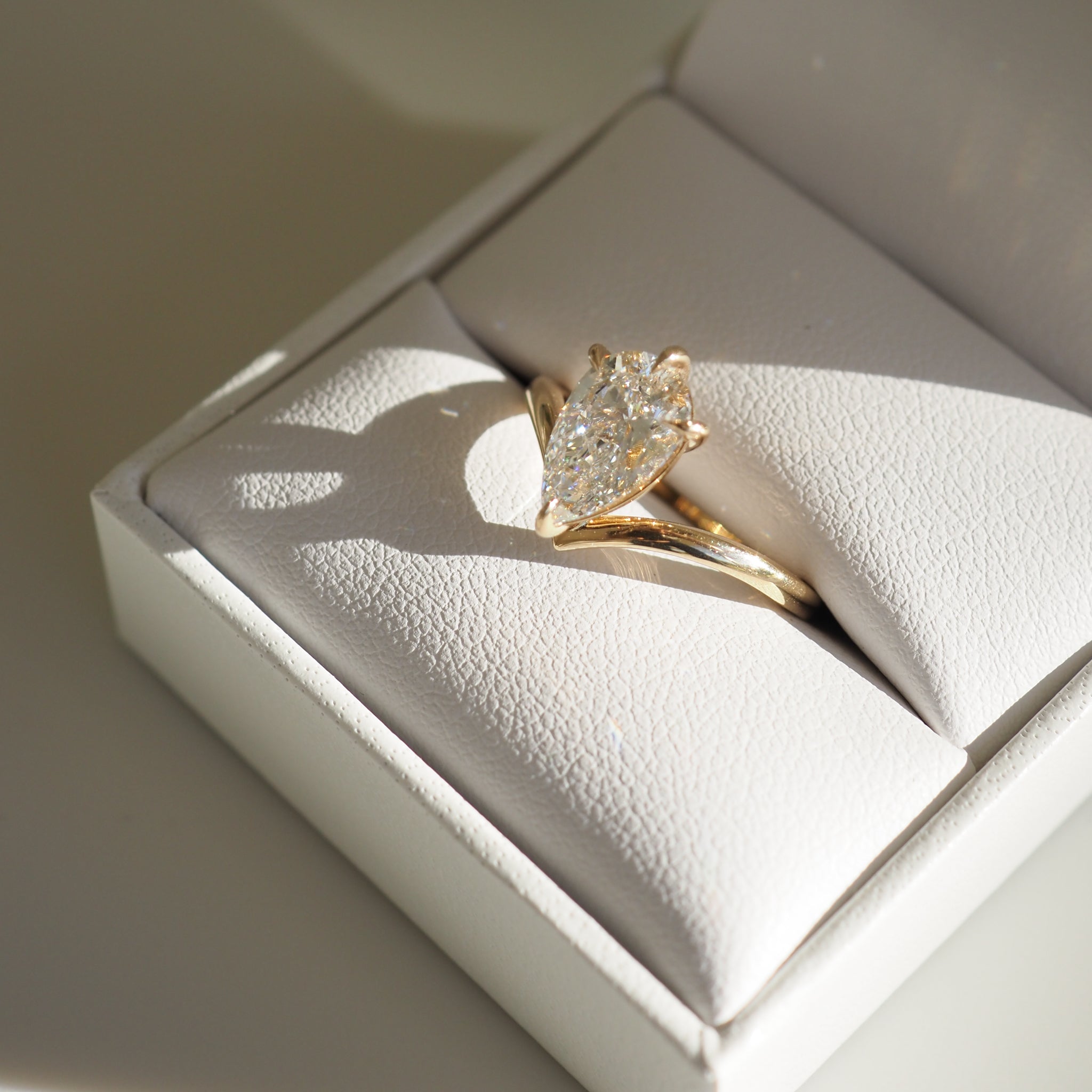 Pear shaped moissanite solitaire engagement ring in white gold setting, 1.50-2.50 carats