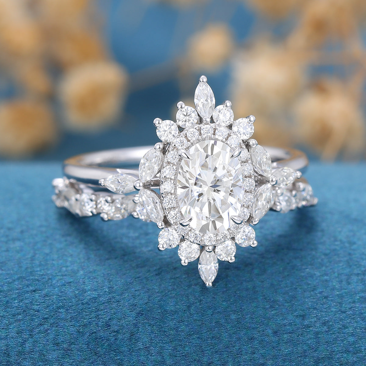 0.84 CT Oval Shaped Moissanite Cluster Halo Bridal Set - Camila Brown