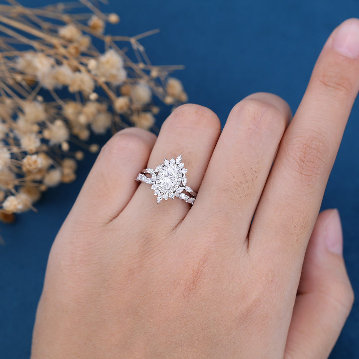 0.84 CT Oval Shaped Moissanite Cluster Halo Bridal Set - Camila Brown