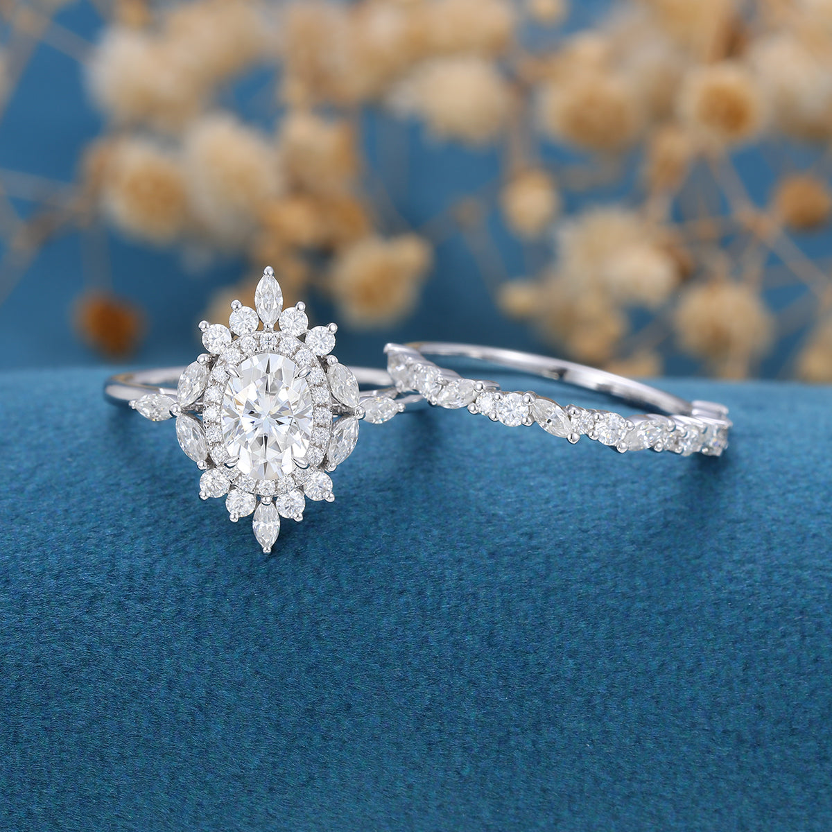 0.84 CT Oval Shaped Moissanite Cluster Halo Bridal Set - Camila Brown