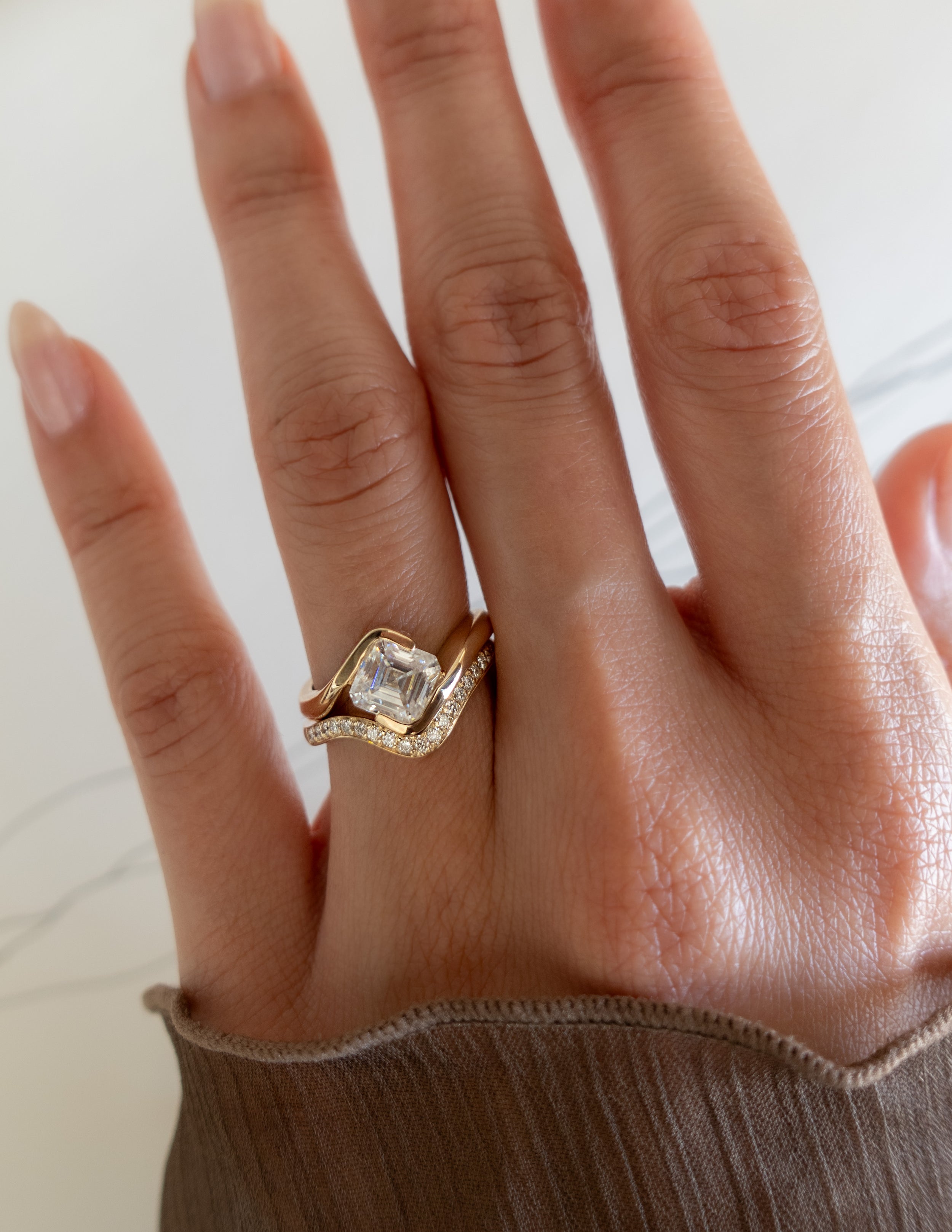 1.0-2.0 CT Asscher CVD Diamond Solitaire With Pave Stacked Bridal Ring Set