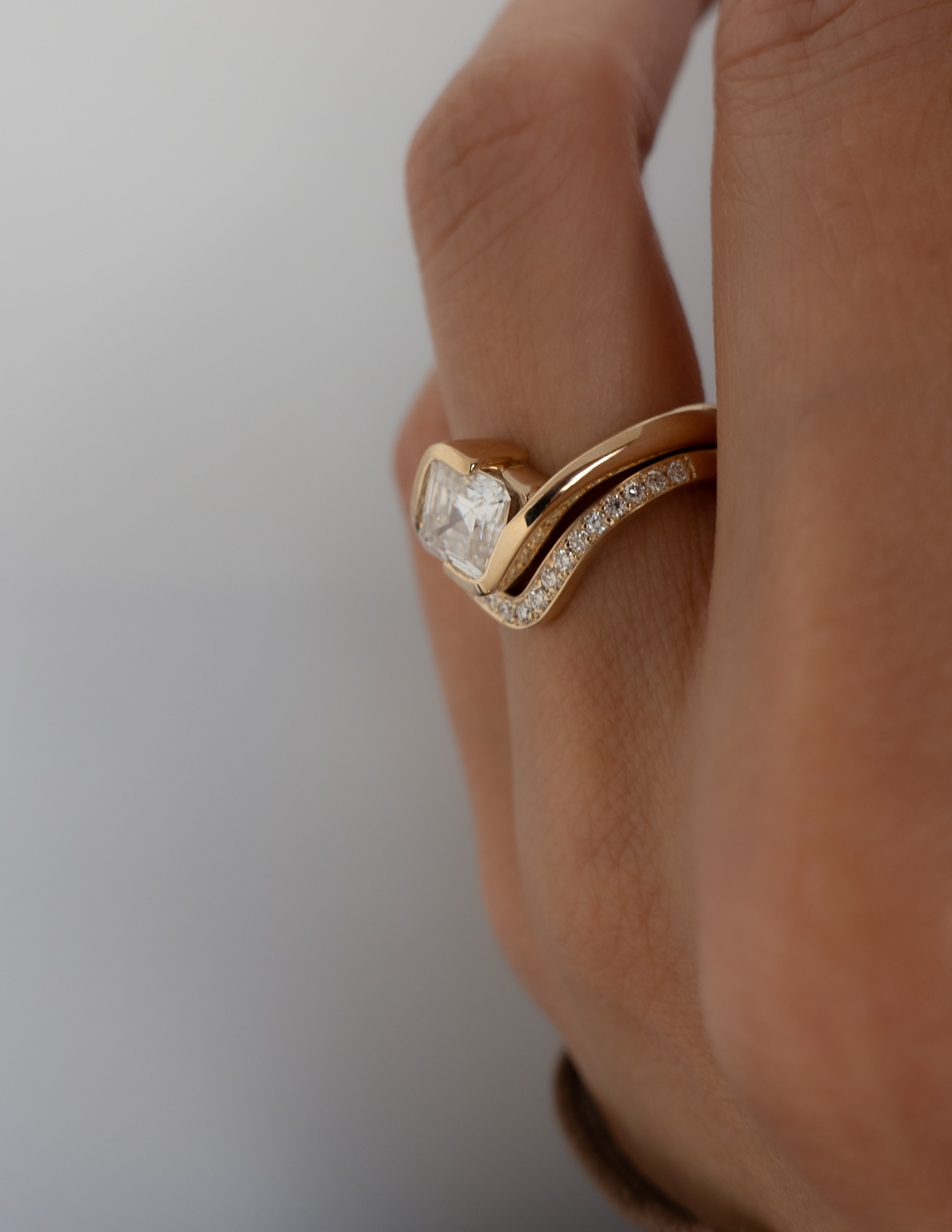 1.0-2.0 CT Asscher CVD Diamond Solitaire With Pave Stacked Bridal Ring Set