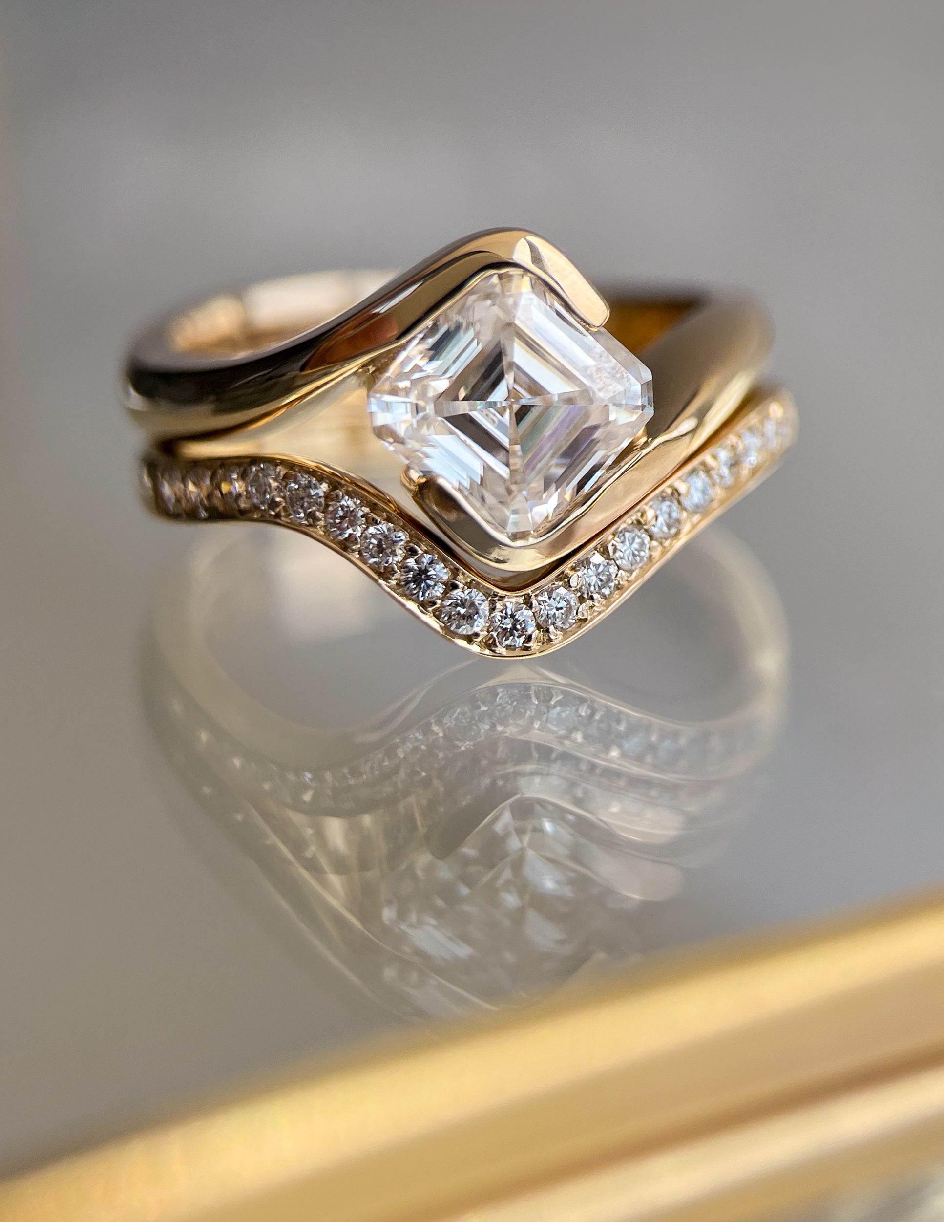 1.0-2.0 CT Asscher CVD Diamond Solitaire With Pave Stacked Bridal Ring Set