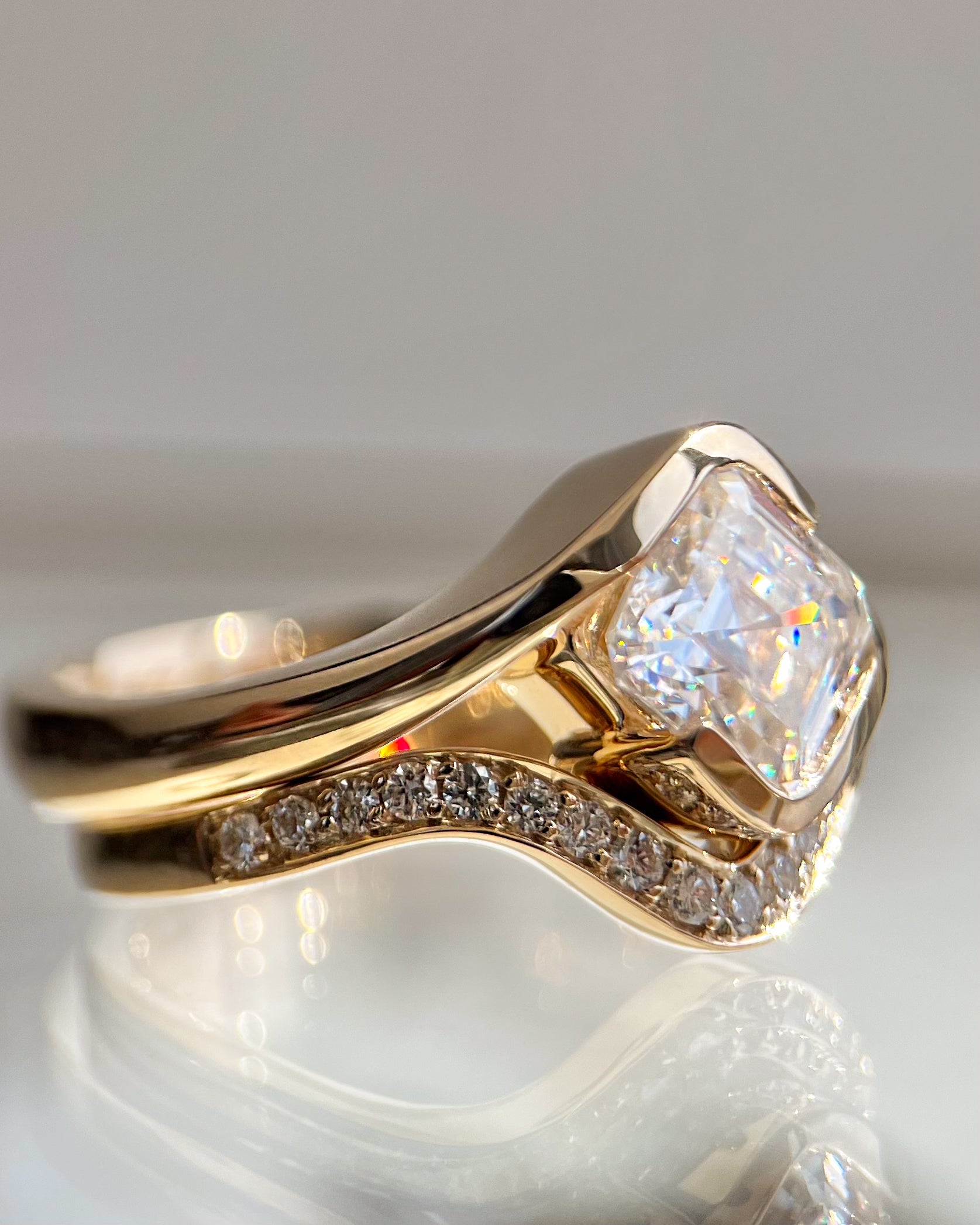 1.0-2.0 CT Asscher CVD Diamond Solitaire With Pave Stacked Bridal Ring Set