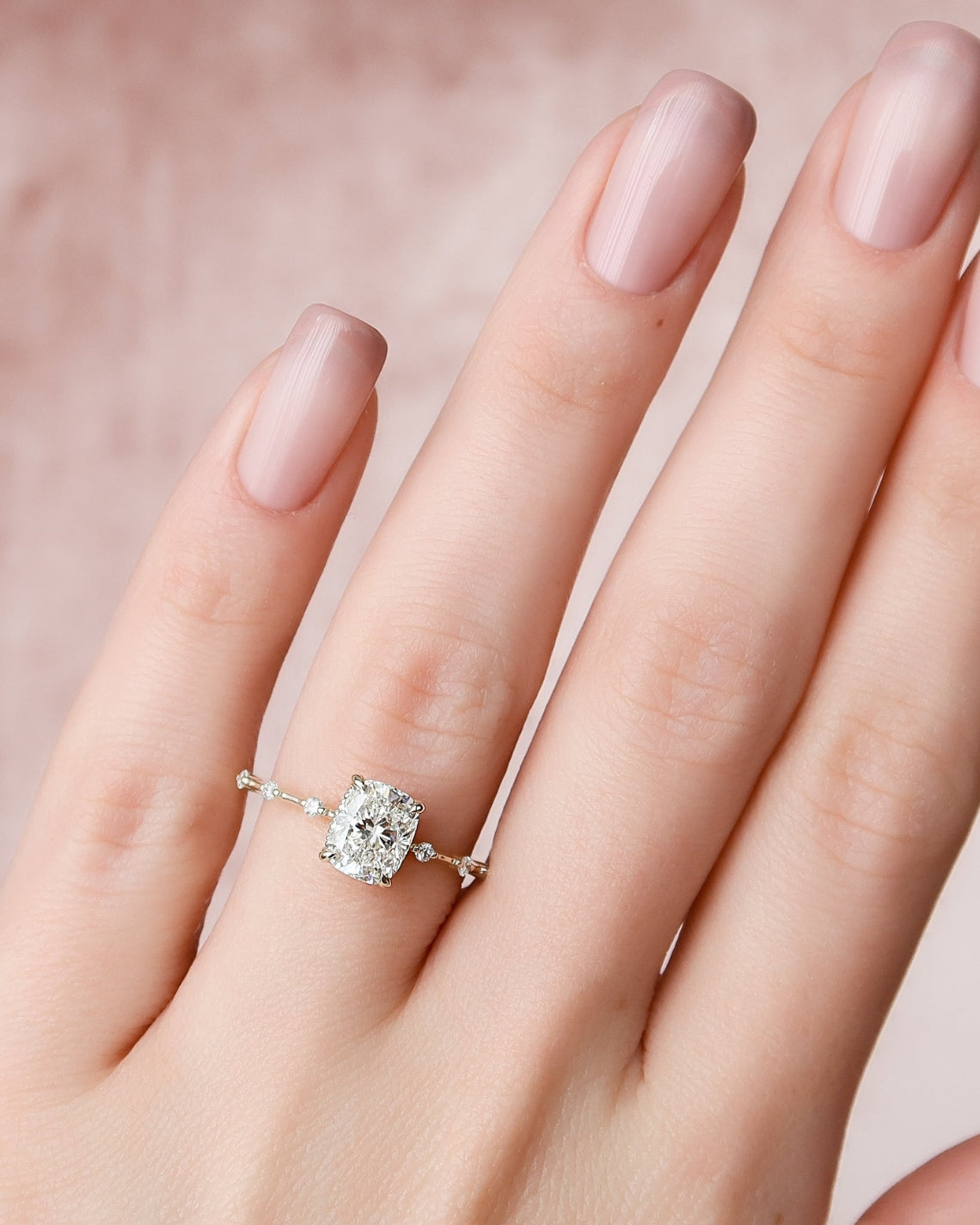 Elongated cushion cut CVD diamond dainty engagement ring with hidden halo setting