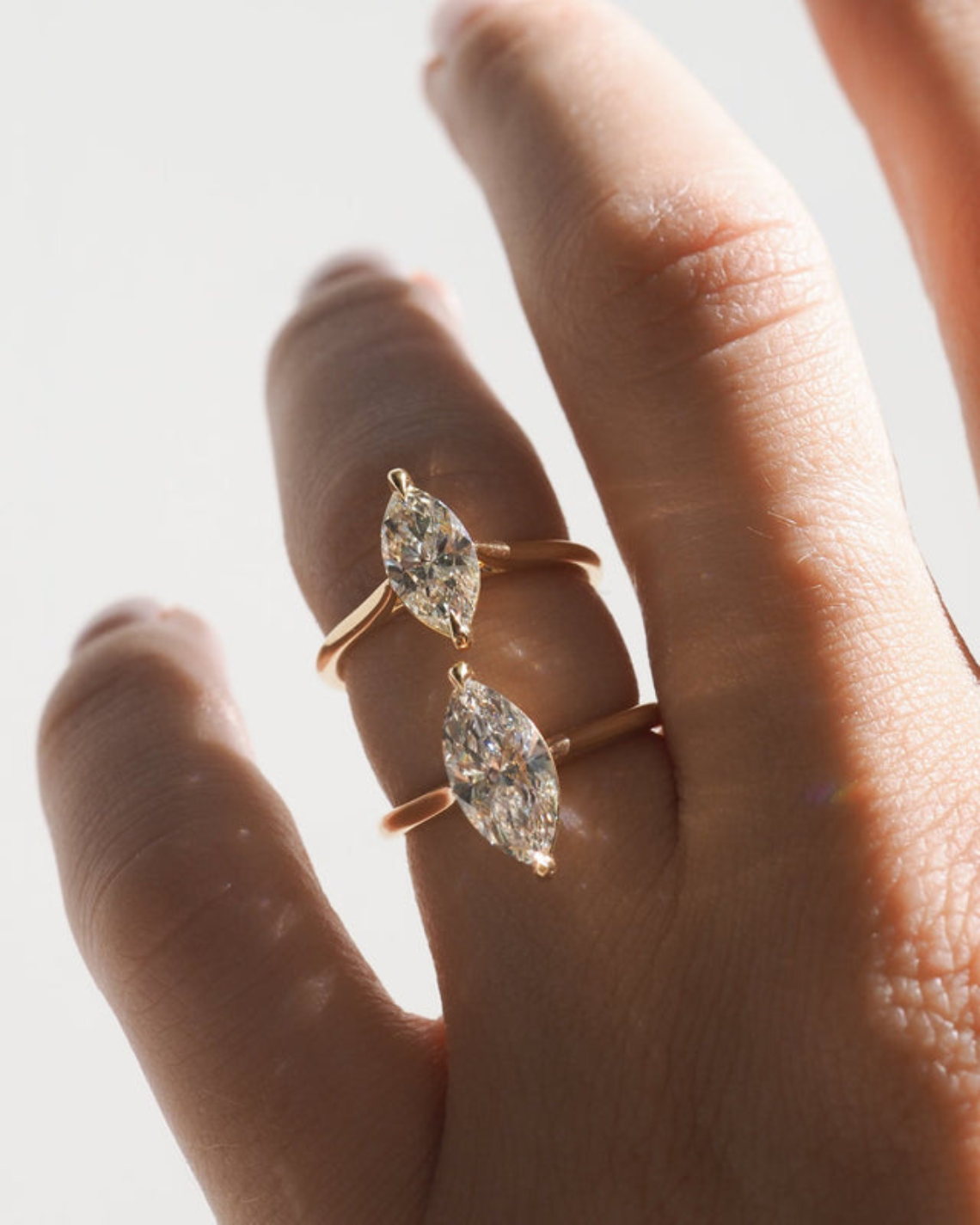 1.5–3.5 CT marquise cut lab grown diamond solitaire engagement ring in gold, elongated center stone with minimalist bridal setting