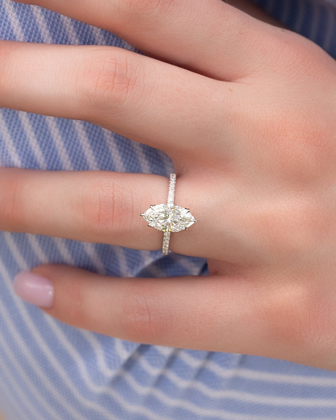 Marquise cut CVD diamond slim engagement ring with pave band in white gold