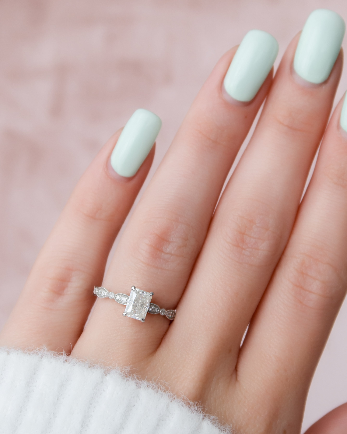 Radiant cut CVD diamond vintage style engagement ring with detailed band design