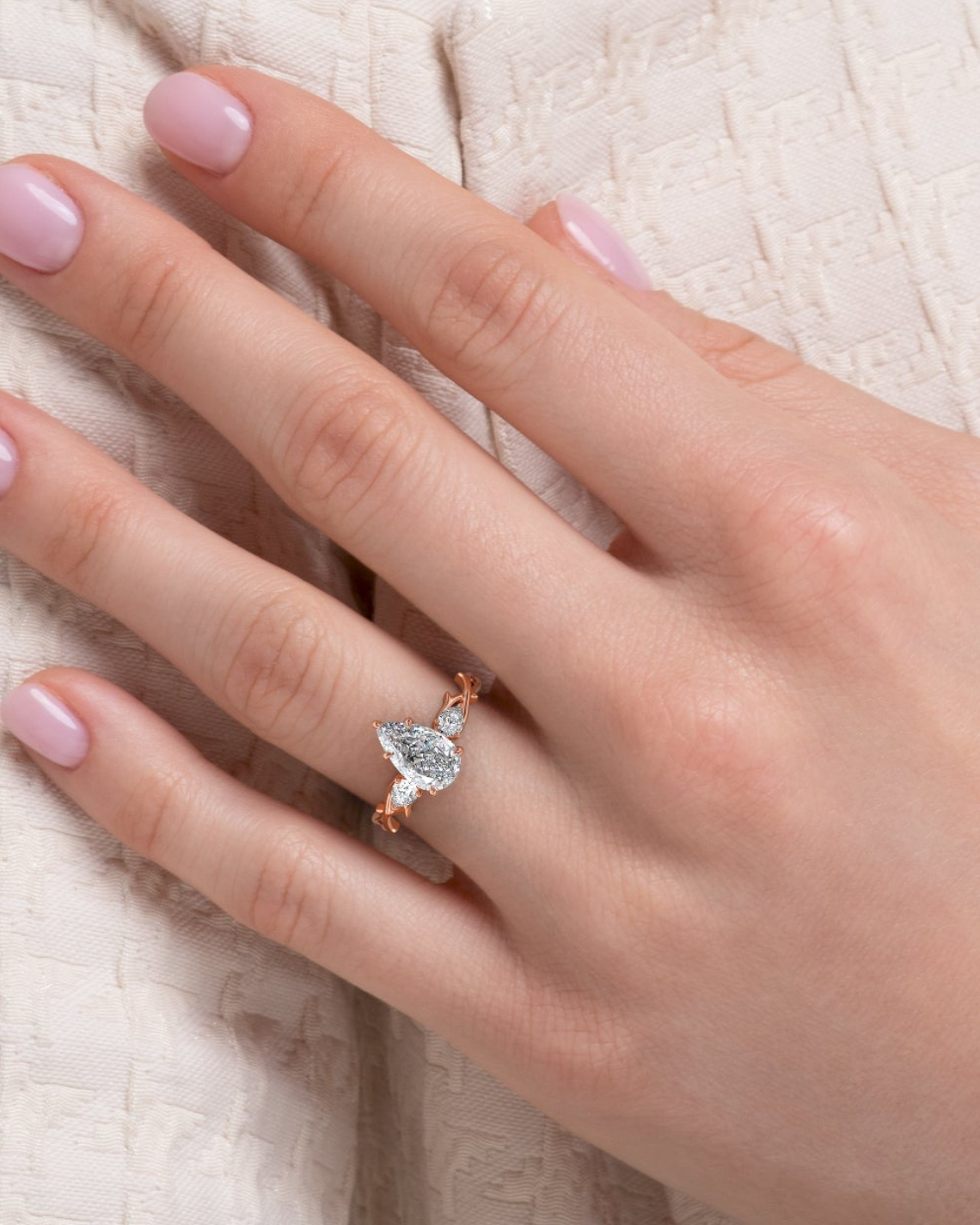1.0 - 3.0 CT Pear Cut  Lab Grown Diamond Three Stone & Twig Setting Engagement Ring