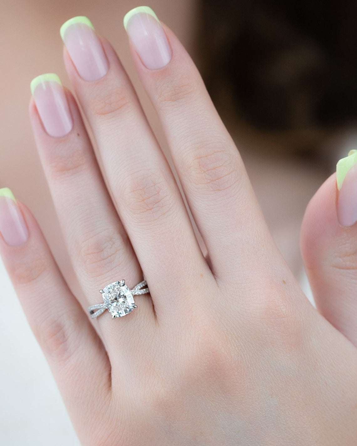 2.0 - 4.0 CT Elongated Cushion Cut Lab Grown Diamond Twisted Pave Style Engagement Ring