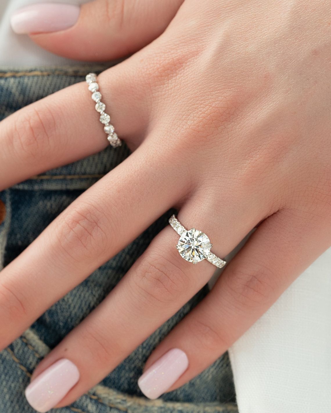 Round cut CVD diamond hidden halo engagement ring with pave band in white gold