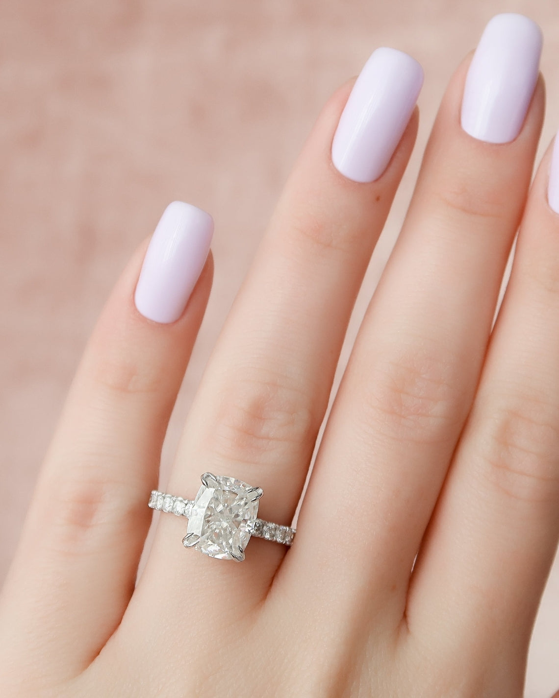 Elongated cushion cut CVD diamond engagement ring with hidden halo and pave setting in rose gold