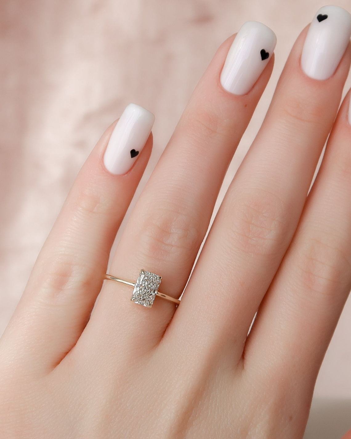 Radiant cut CVD diamond engagement ring with hidden halo detail in white gold setting