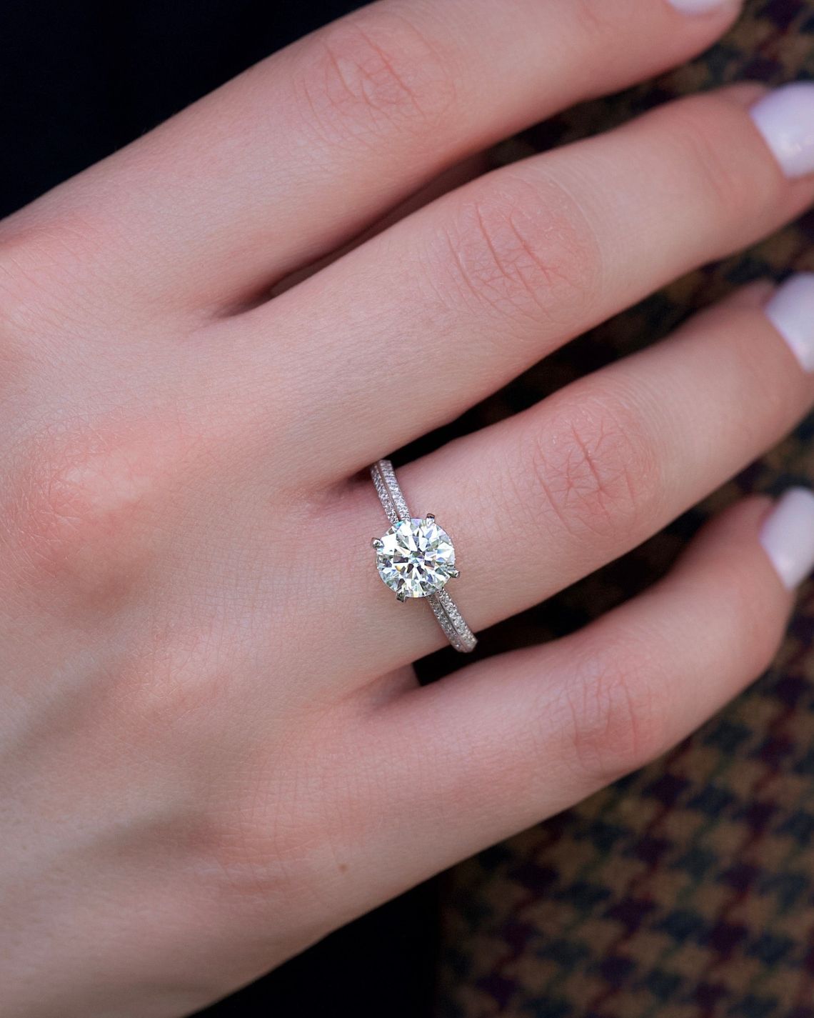 Round cut CVD diamond hidden halo and pave engagement ring in white gold