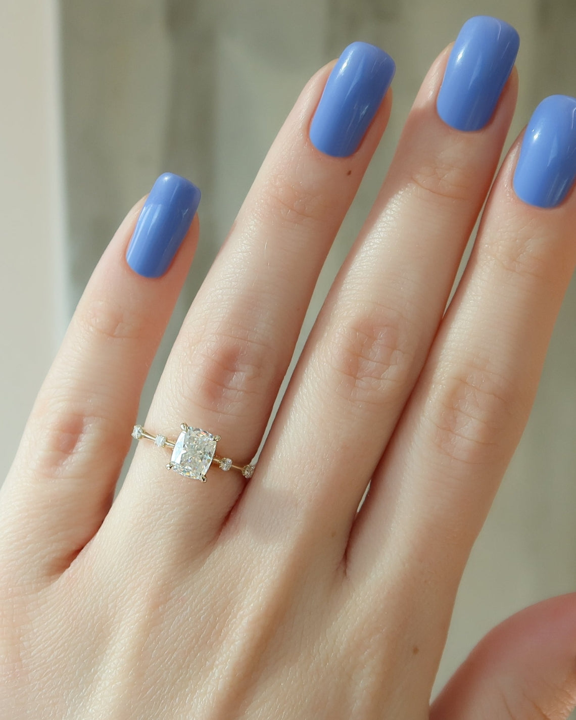 Elongated cushion cut CVD diamond dainty engagement ring in white gold setting