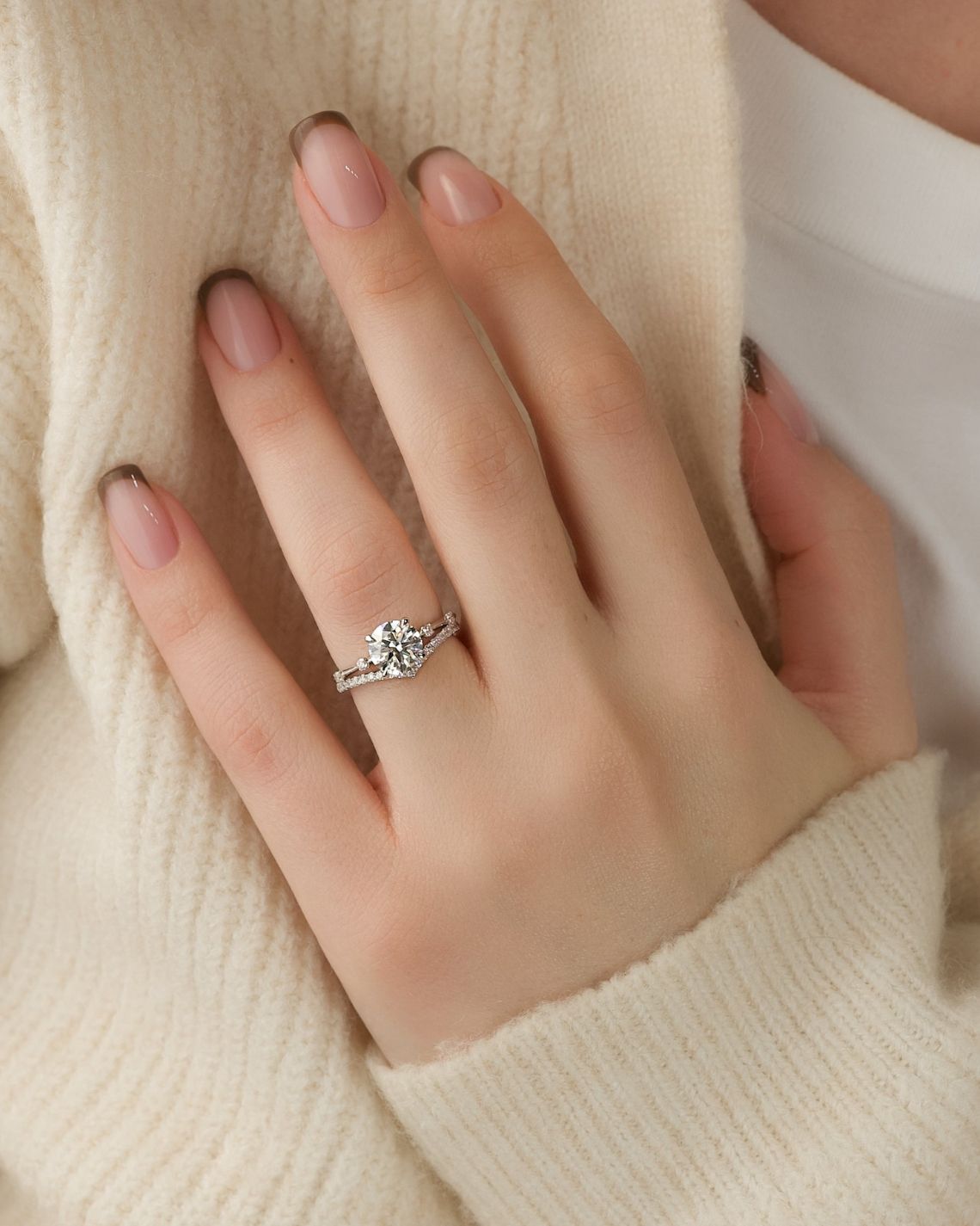 Round cut CVD diamond dainty engagement ring in white gold setting