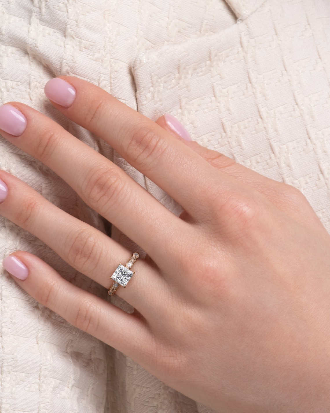 1.0- 3.0 CT Princess Cut  Lab Grown Diamond Vintage & Hidden Halo Engagement Ring