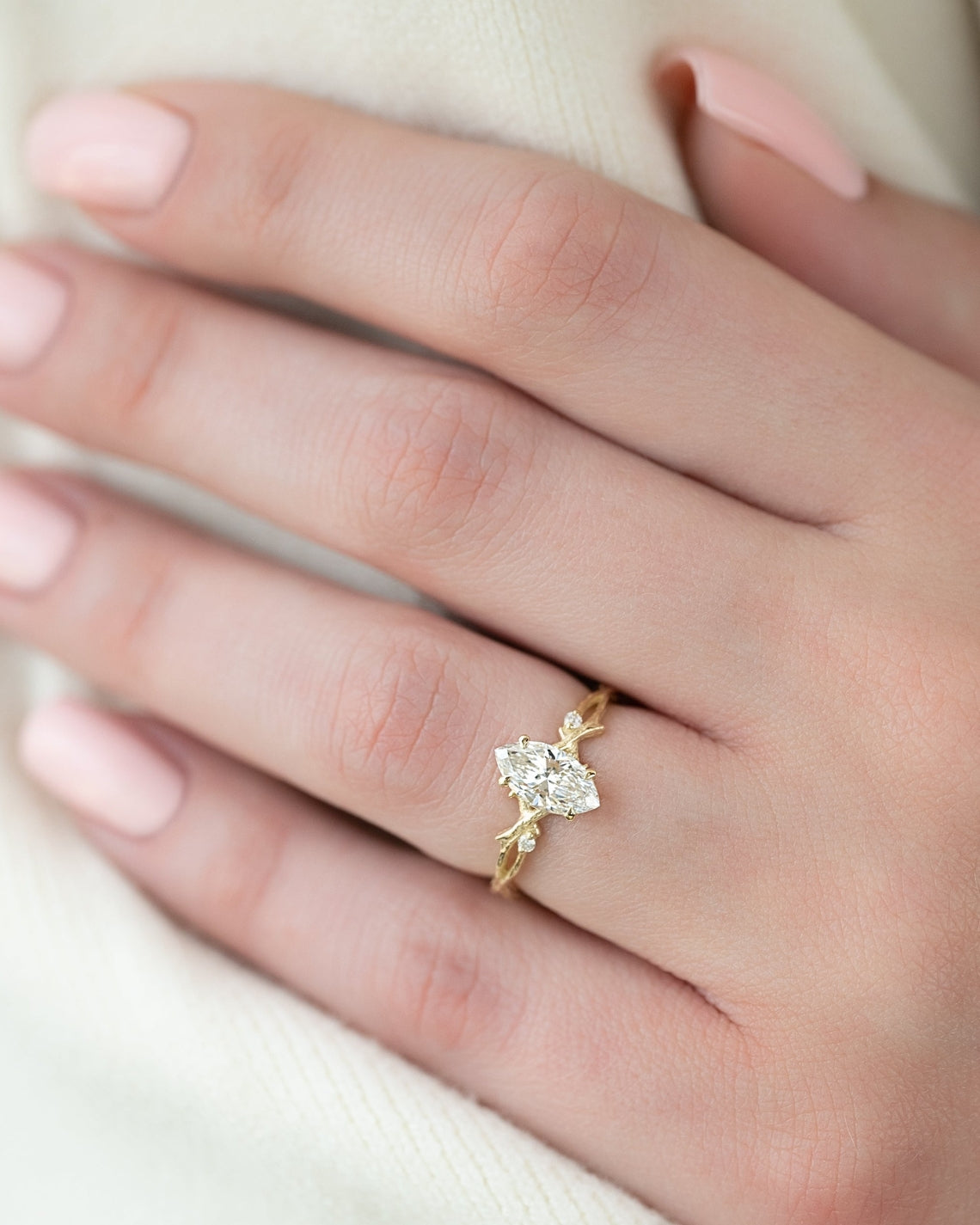 Marquise cut CVD diamond twig style engagement ring with textured branch band
