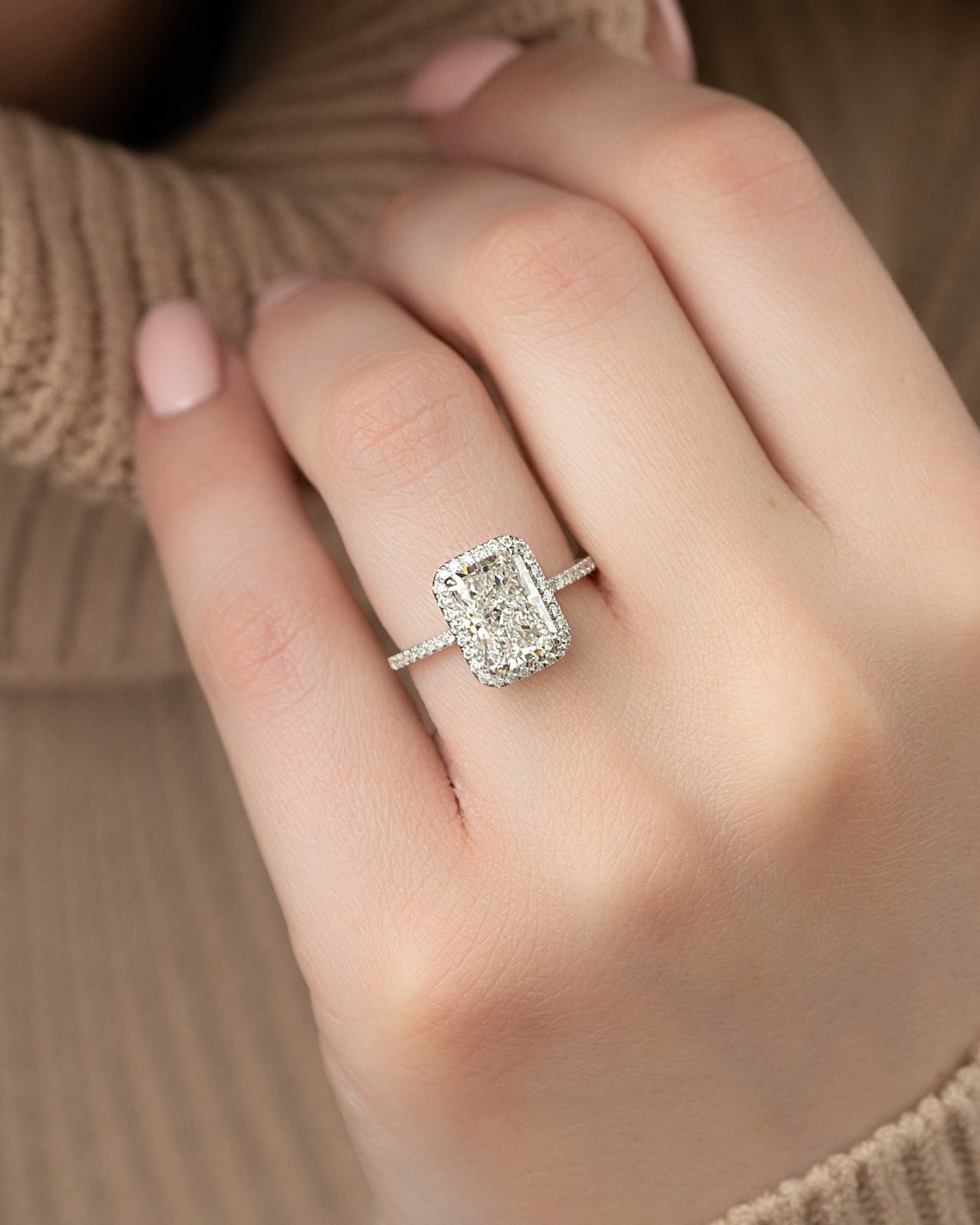 Radiant cut moissanite engagement ring with halo and pave band in platinum setting, 2.0-4.0 CT