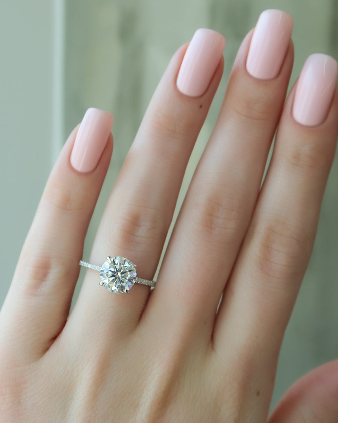 Round cut CVD diamond engagement ring featuring pave diamond band in platinum setting