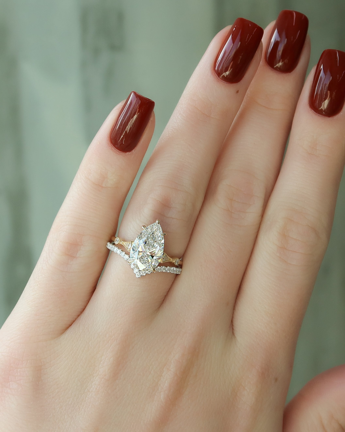 Pear cut CVD diamond vintage style engagement ring with intricate detailing