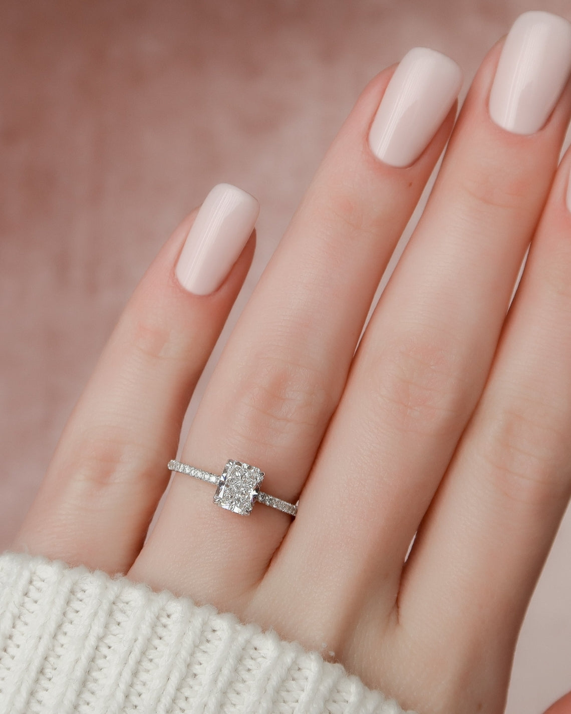 Radiant cut CVD diamond engagement ring with hidden halo and pave diamond band in white gold